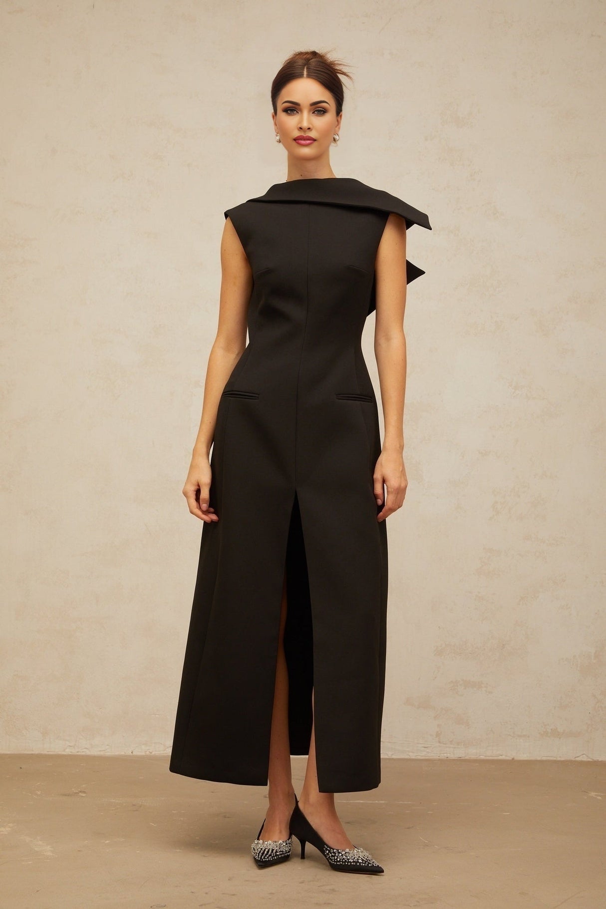 Elena Midi Dress - Deconstructed Design - Bateau Neck - Sleeveless - Open Back