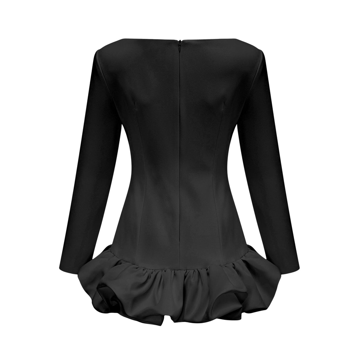 Elena Mini Dress - Bateau Neck Design - Long Sleeves - Cinched Waist - Bubble Skirt