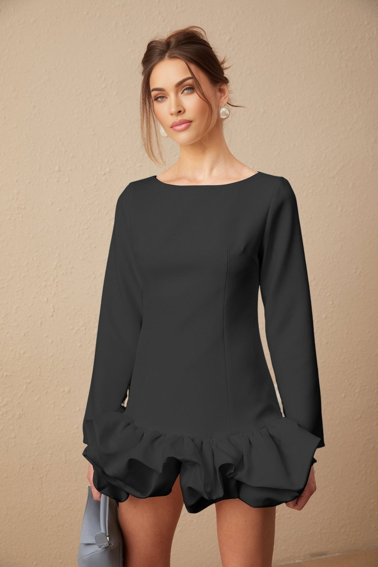 Elena Mini Dress - Bateau Neck Design - Long Sleeves - Cinched Waist - Bubble Skirt