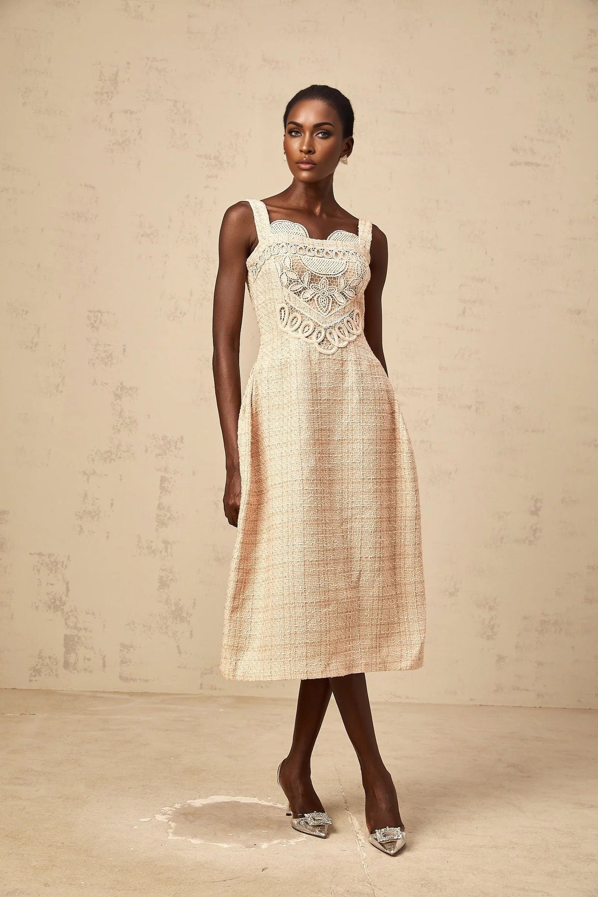 Elena Mini Dress Neutrals Interwoven Embroidery