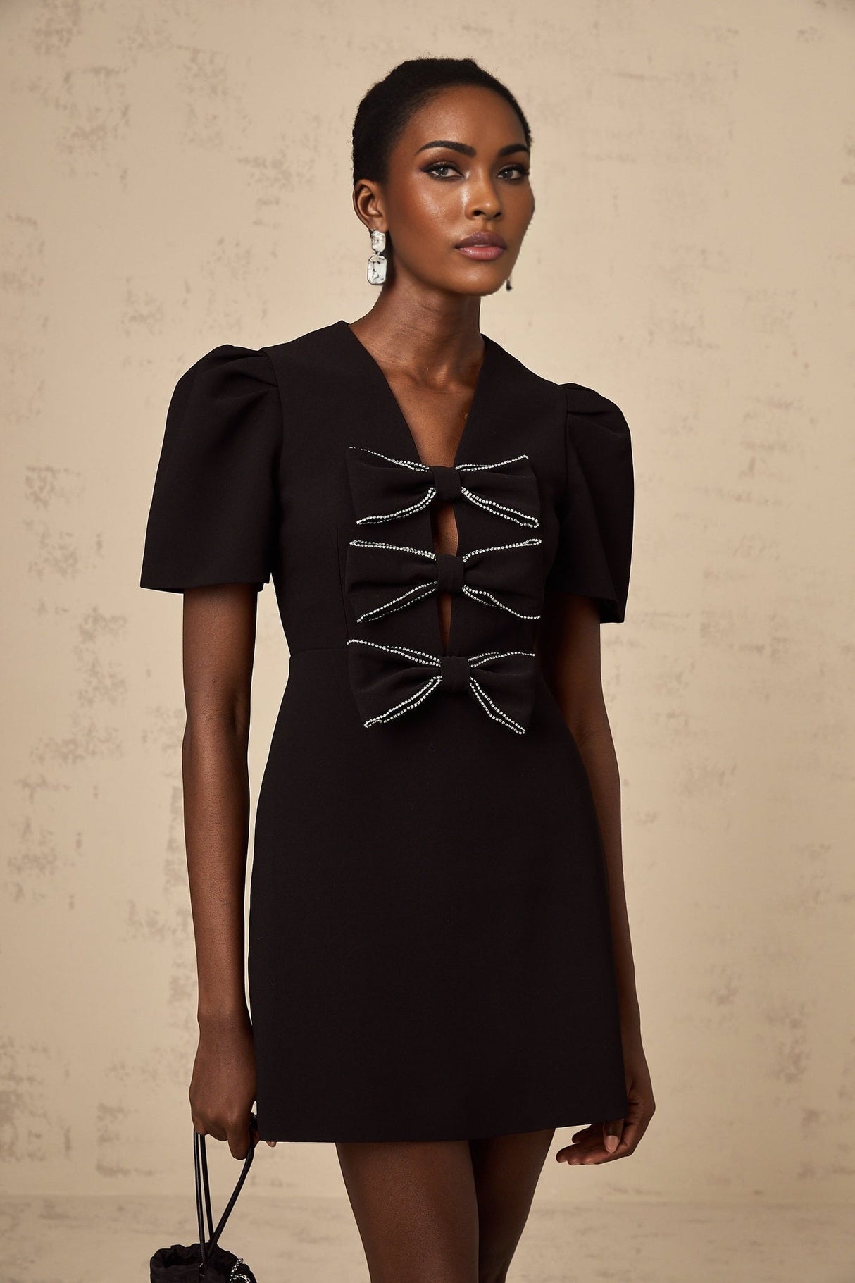 Elena Mini Dress - V - neck - A - line Silhouette - Bow and Stud Embellishments - Cut - out Design