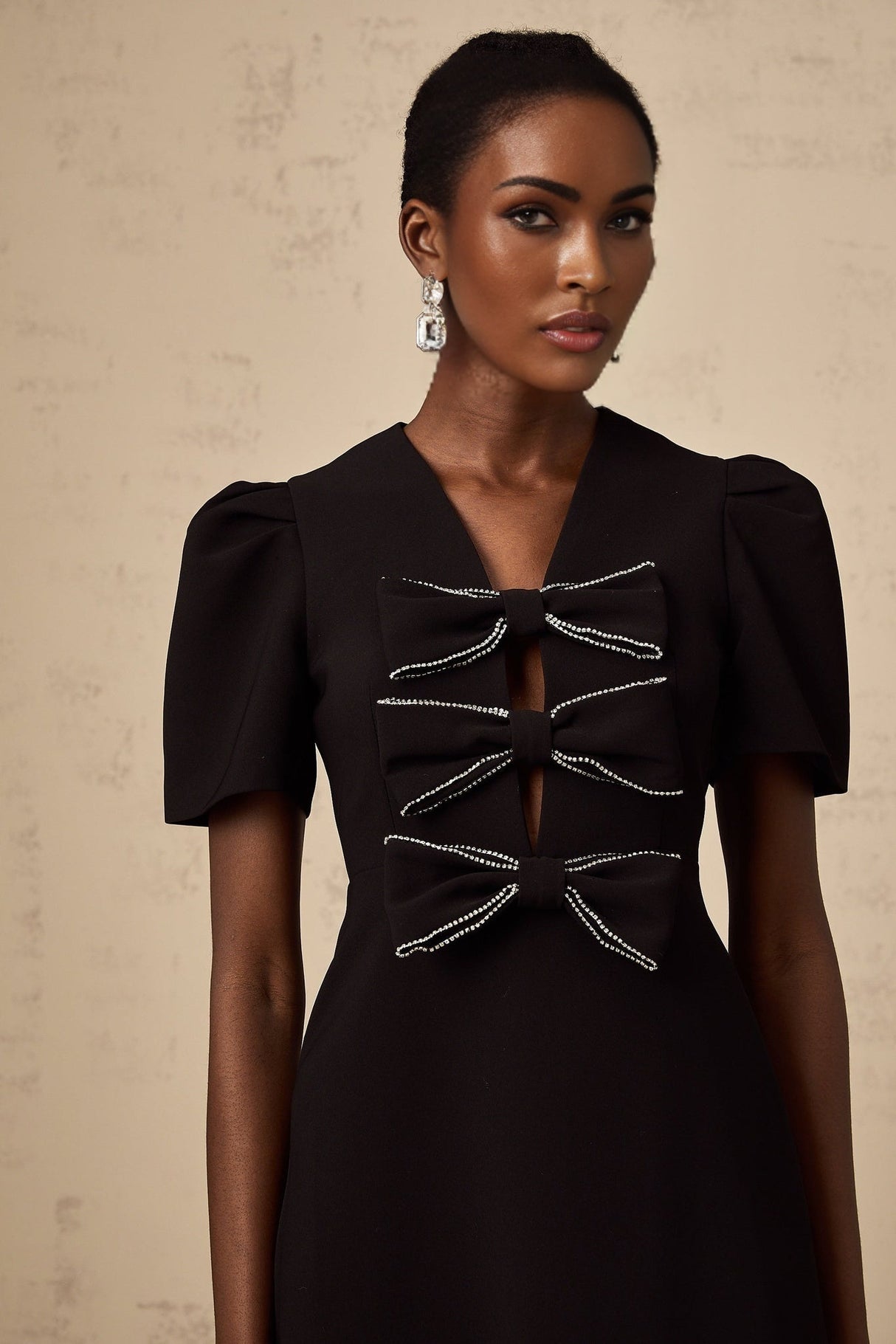 Elena Mini Dress - V - neck - A - line Silhouette - Bow and Stud Embellishments - Cut - out Design