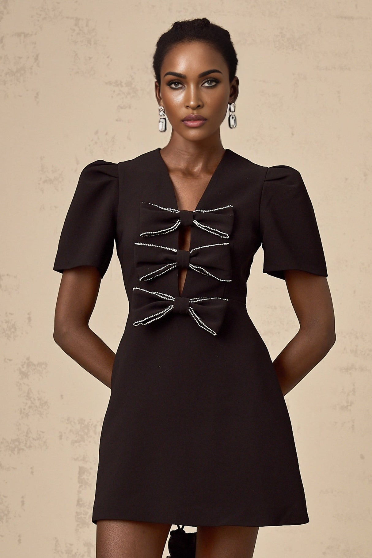 Elena Mini Dress - V - neck - A - line Silhouette - Bow and Stud Embellishments - Cut - out Design