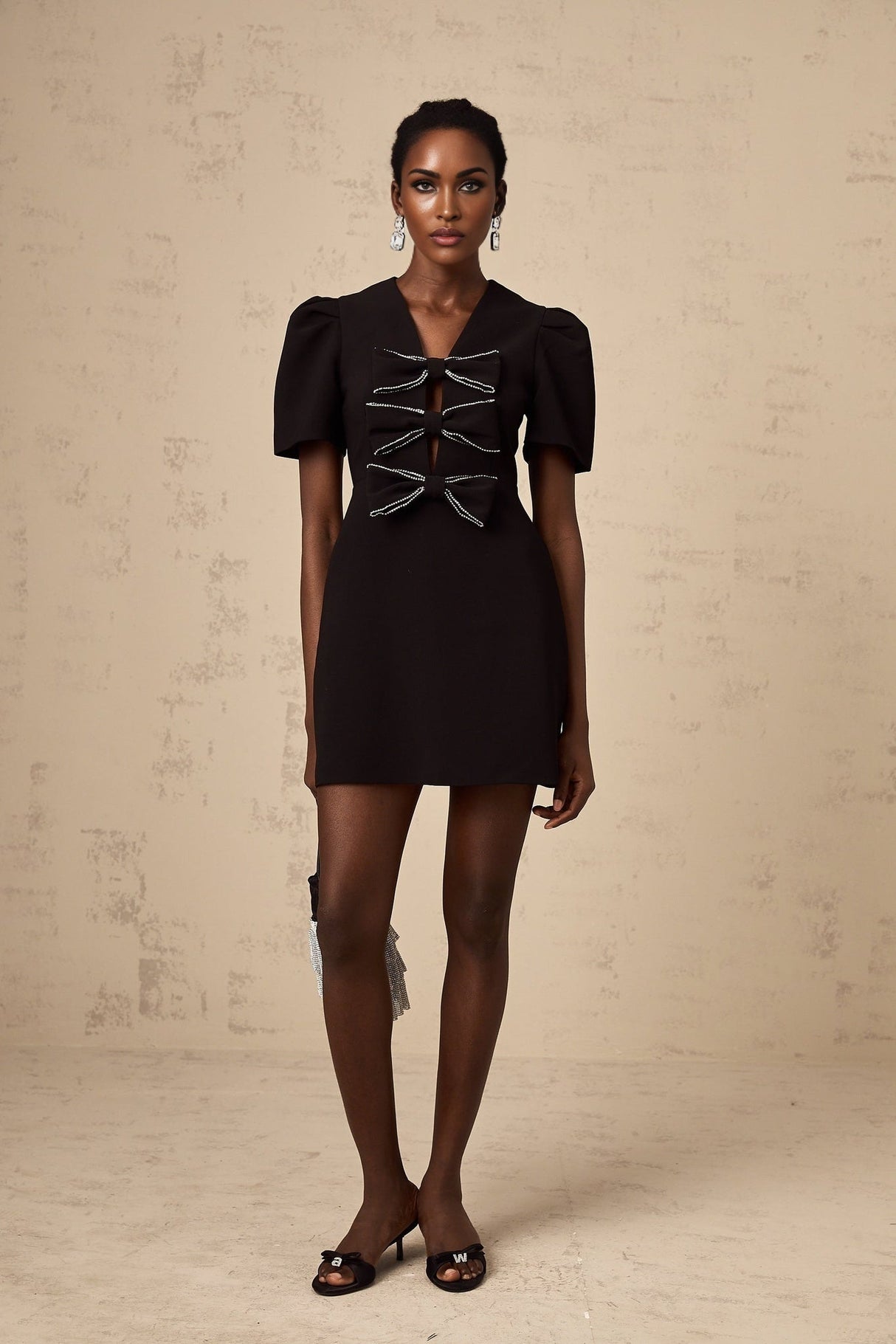 Elena Mini Dress - V - neck - A - line Silhouette - Bow and Stud Embellishments - Cut - out Design