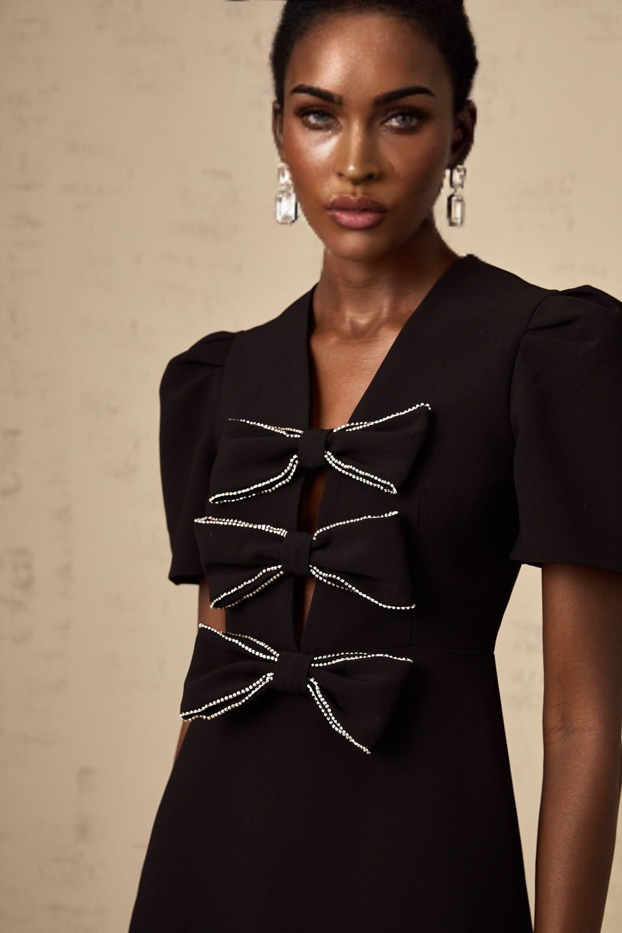 Elena Mini Dress - V - neck - A - line Silhouette - Bow and Stud Embellishments - Cut - out Design