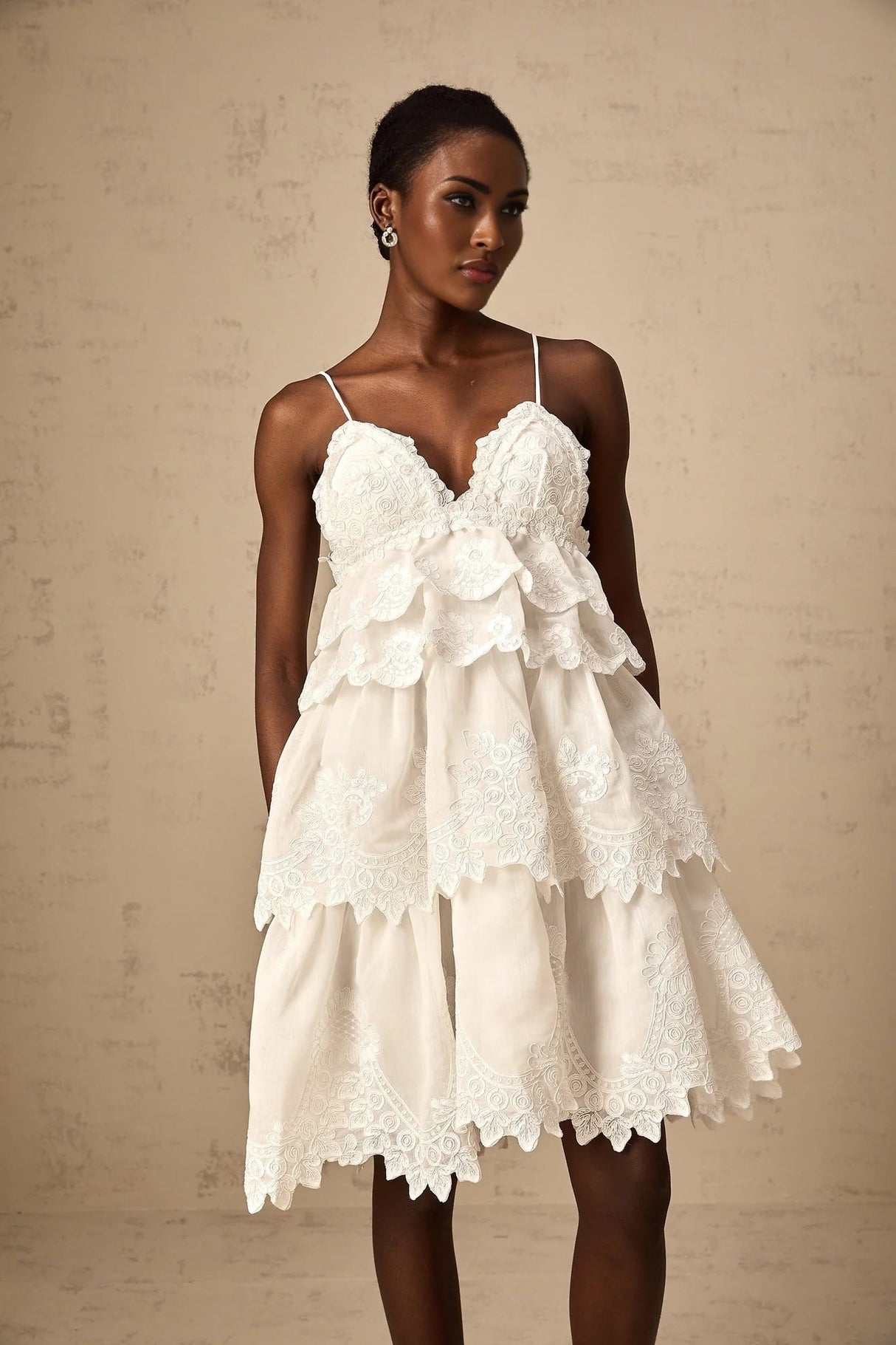 Elena Mini Dress White Guipure Lace Tiered Ruffles & Sweetheart Hem