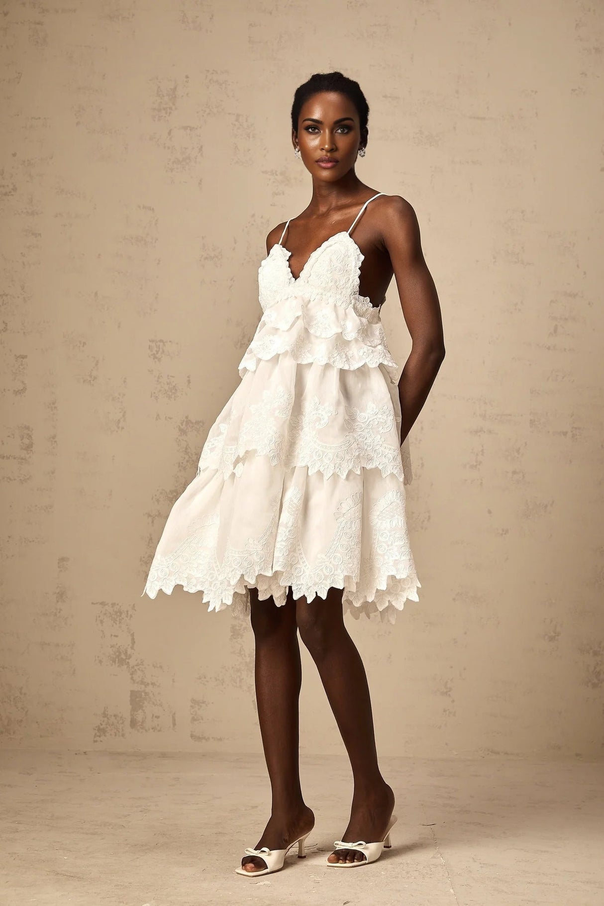 Elena Mini Dress White Guipure Lace Tiered Ruffles & Sweetheart Hem