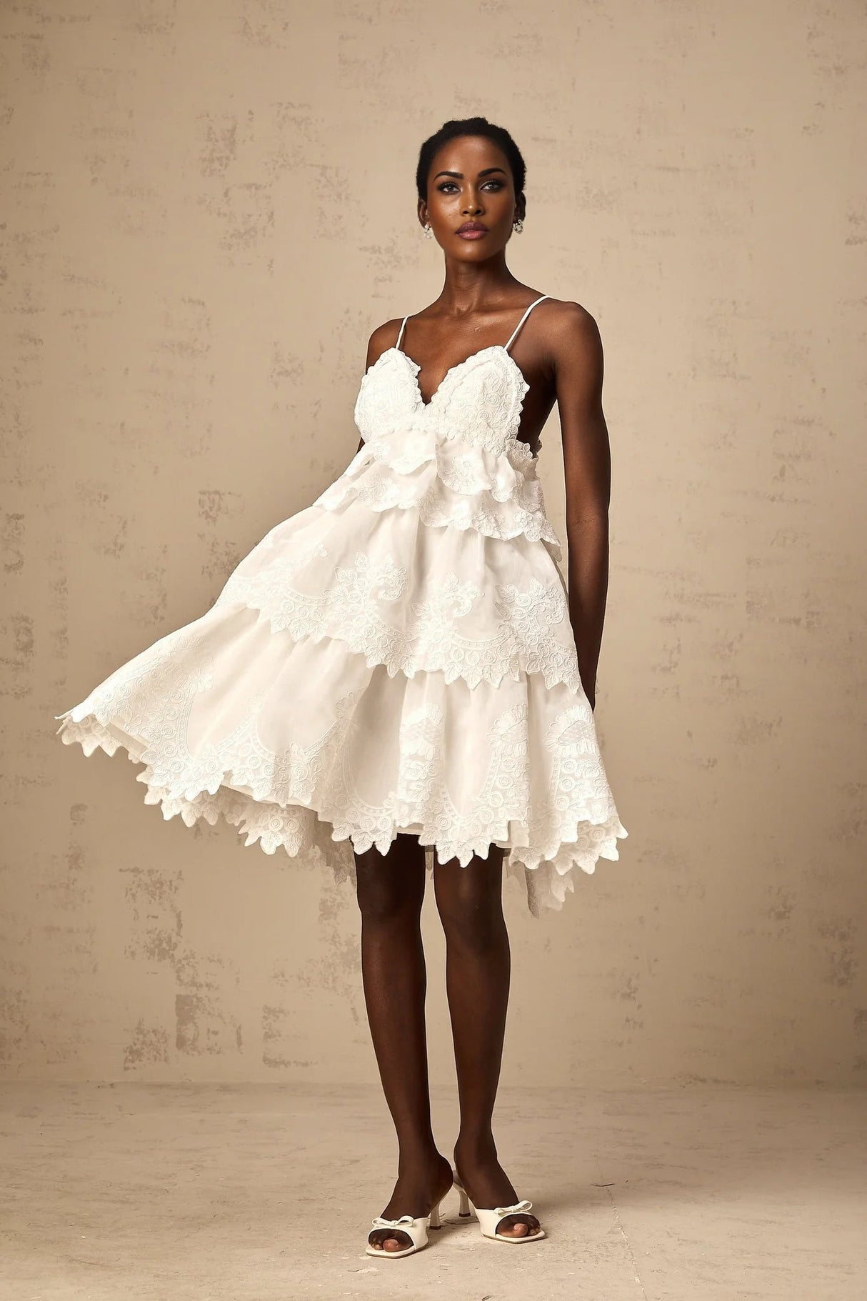 Elena Mini Dress White Guipure Lace Tiered Ruffles & Sweetheart Hem
