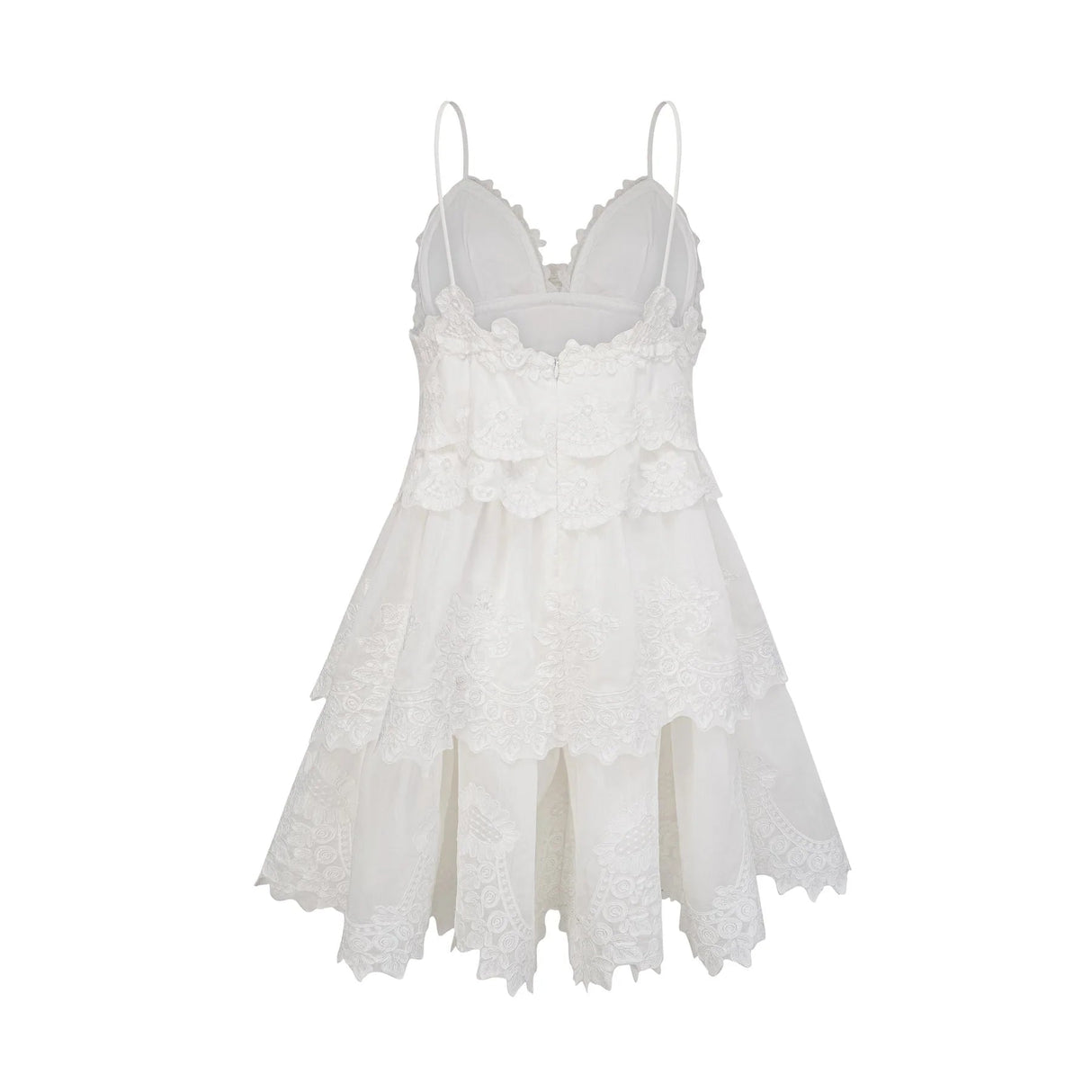 Elena Mini Dress White Guipure Lace Tiered Ruffles & Sweetheart Hem