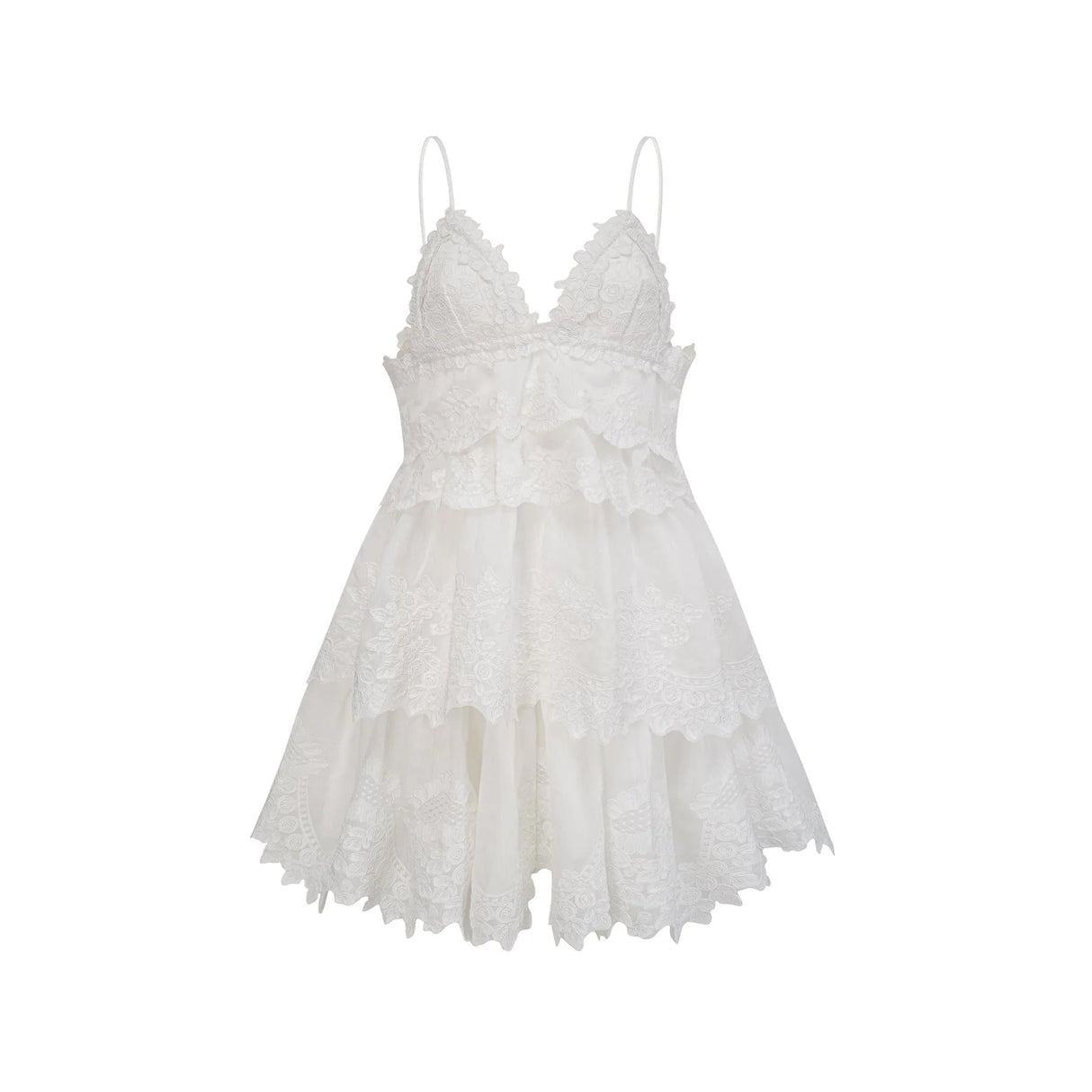 Elena Mini Dress White Guipure Lace Tiered Ruffles & Sweetheart Hem