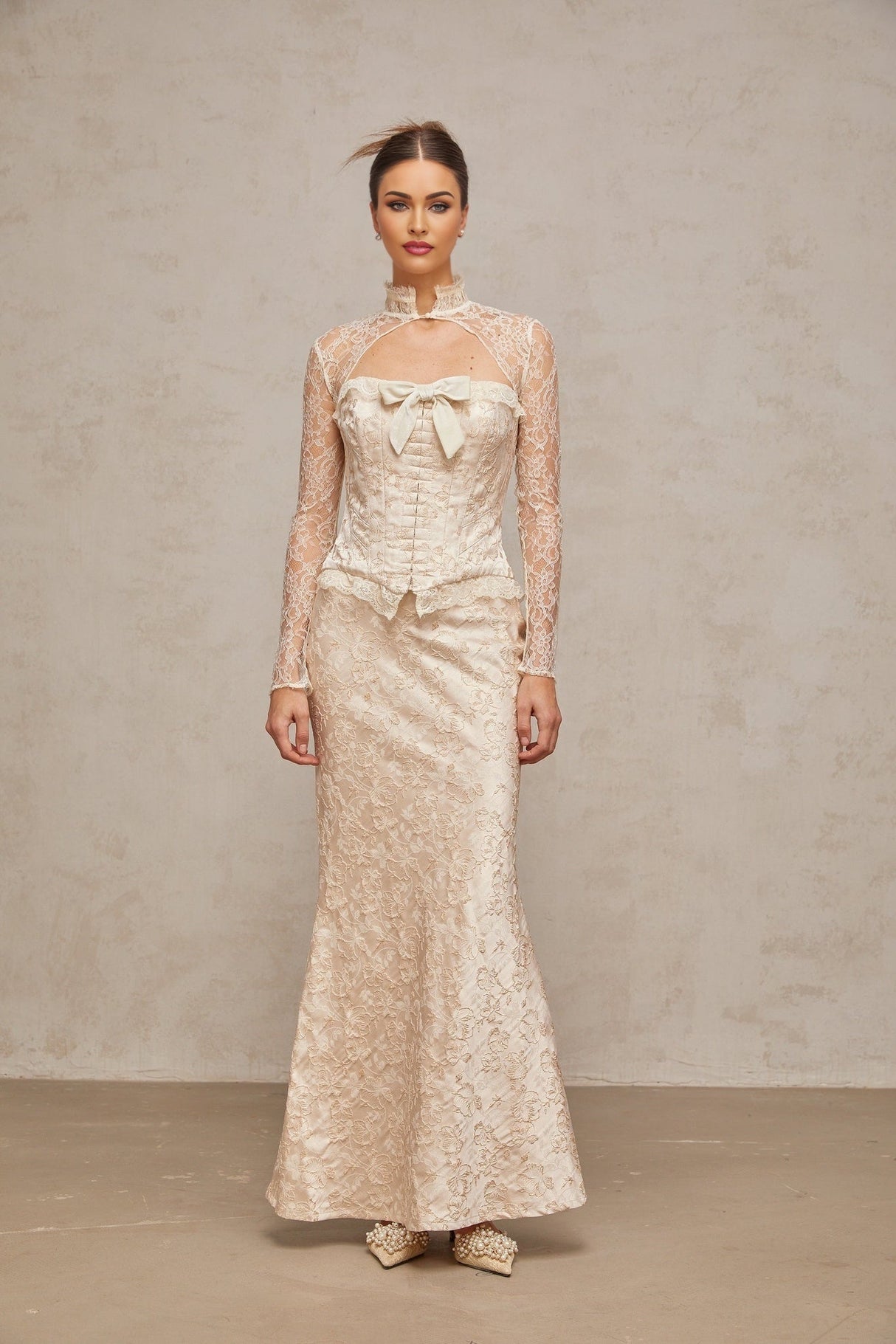 Elena Skirt & Top Set - Elegant mock neck with corset style - Jacquard pattern with bow detailing - Ruffled trim & detachable shawl