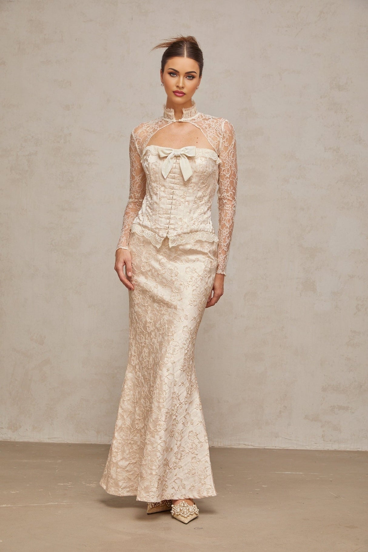 Elena Skirt & Top Set - Elegant mock neck with corset style - Jacquard pattern with bow detailing - Ruffled trim & detachable shawl