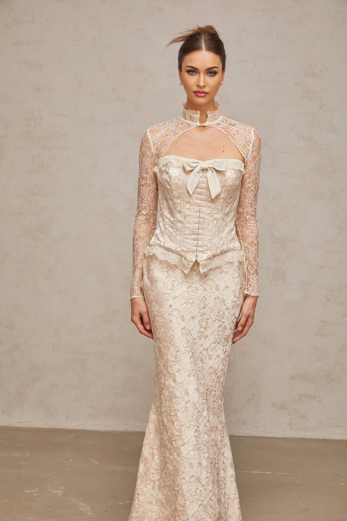 Elena Skirt & Top Set - Elegant mock neck with corset style - Jacquard pattern with bow detailing - Ruffled trim & detachable shawl