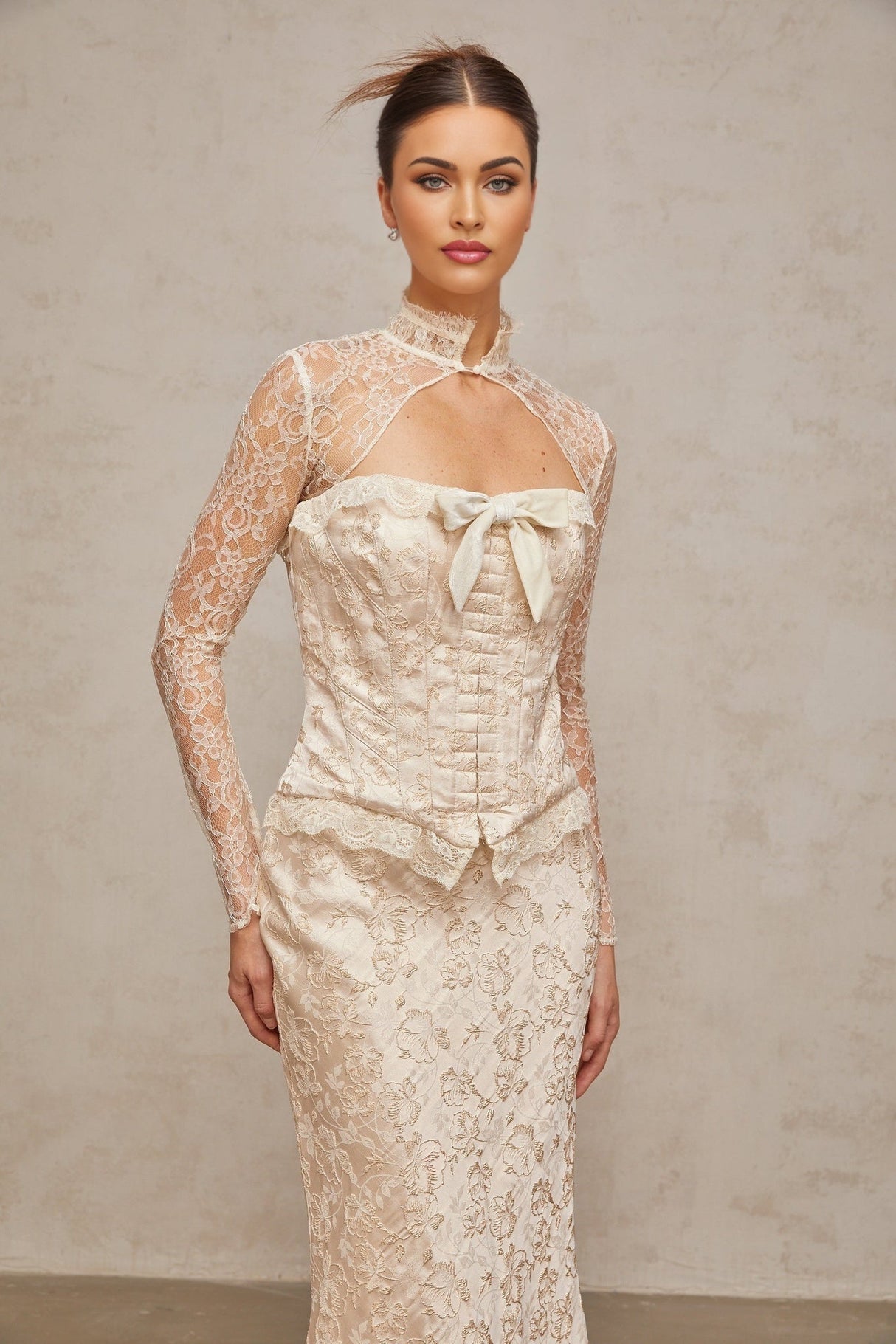 Elena Skirt & Top Set - Elegant mock neck with corset style - Jacquard pattern with bow detailing - Ruffled trim & detachable shawl