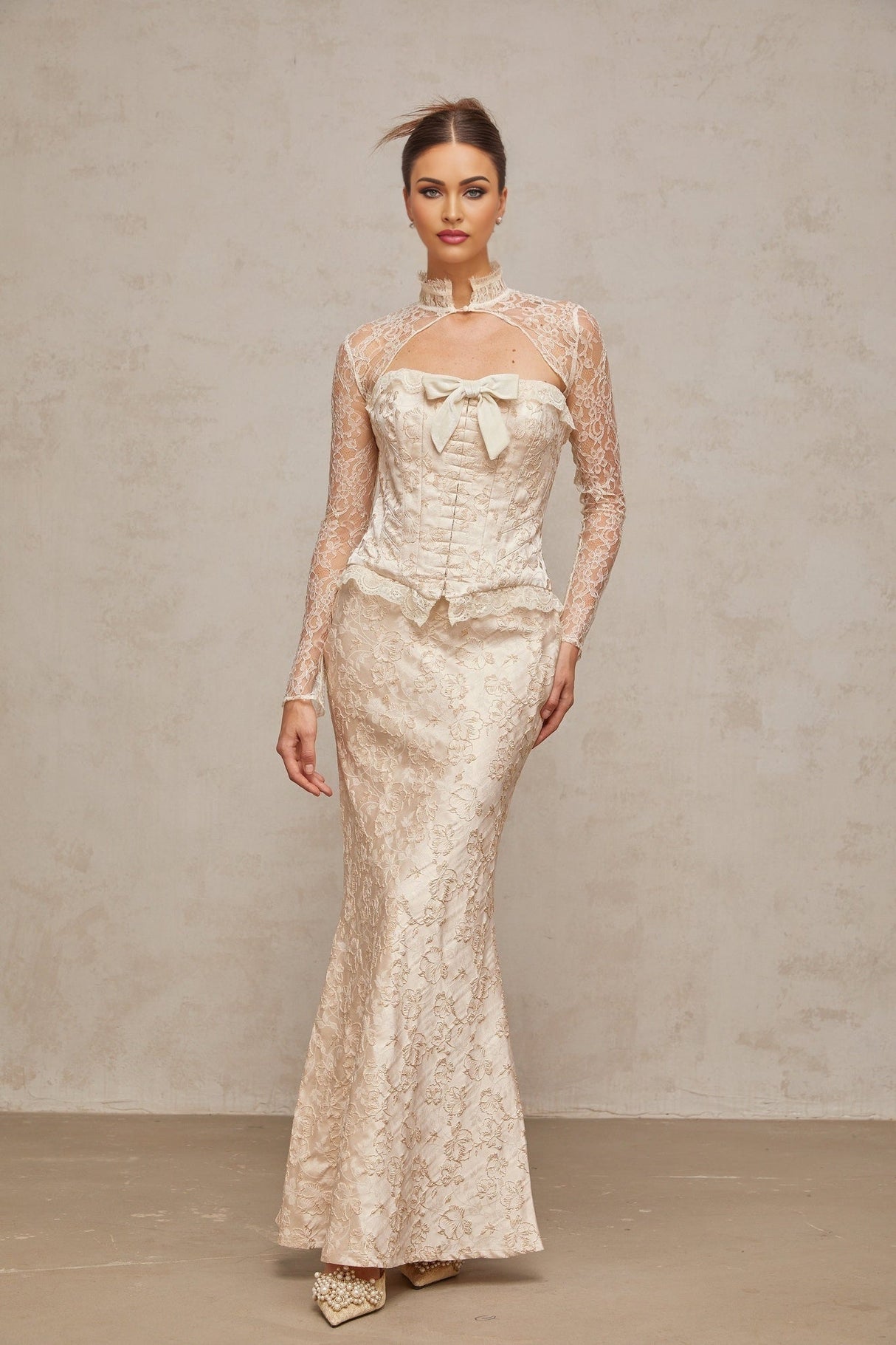 Elena Skirt & Top Set - Elegant mock neck with corset style - Jacquard pattern with bow detailing - Ruffled trim & detachable shawl