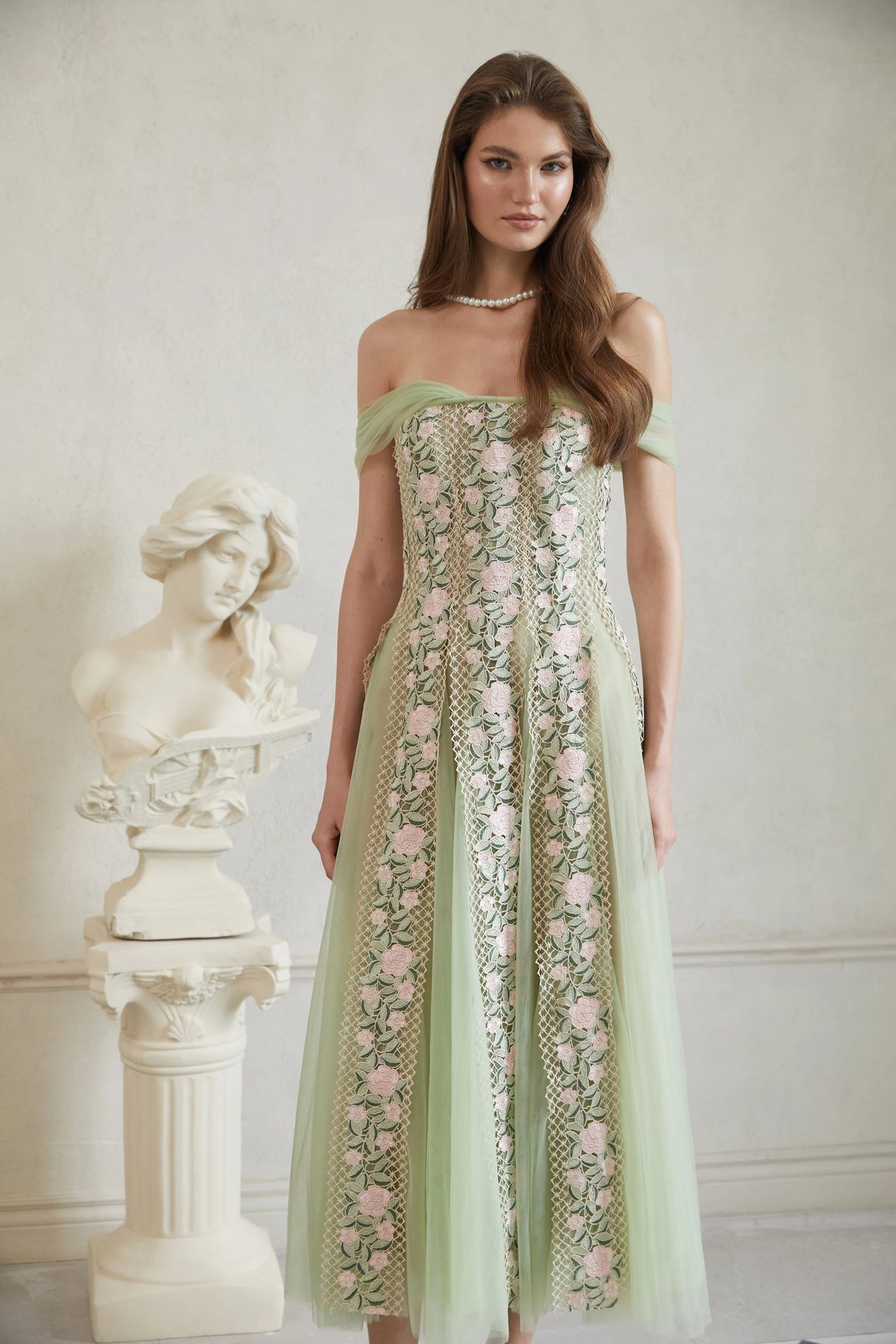 Eleni Green Tulle Panel Floral Midi Dress