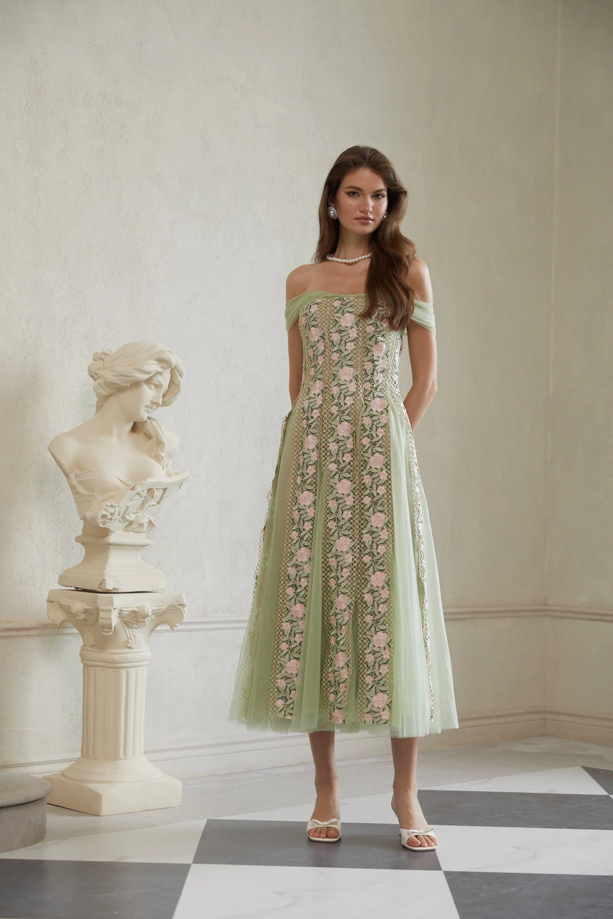 Eleni Green Tulle Panel Floral Midi Dress