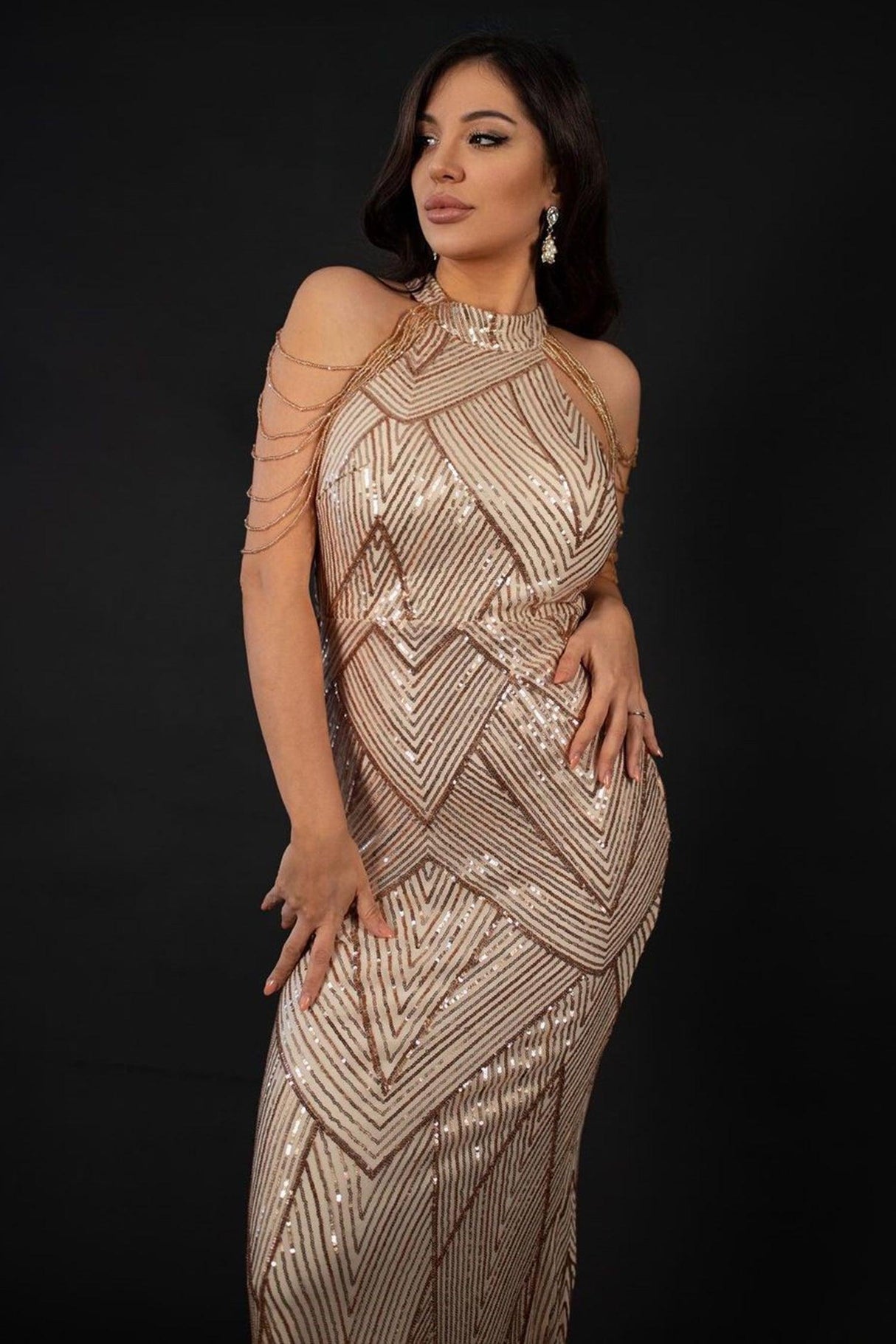 Eleonora Champagne Mermaid Halter Neck Sequin Geometric Pattern Dress