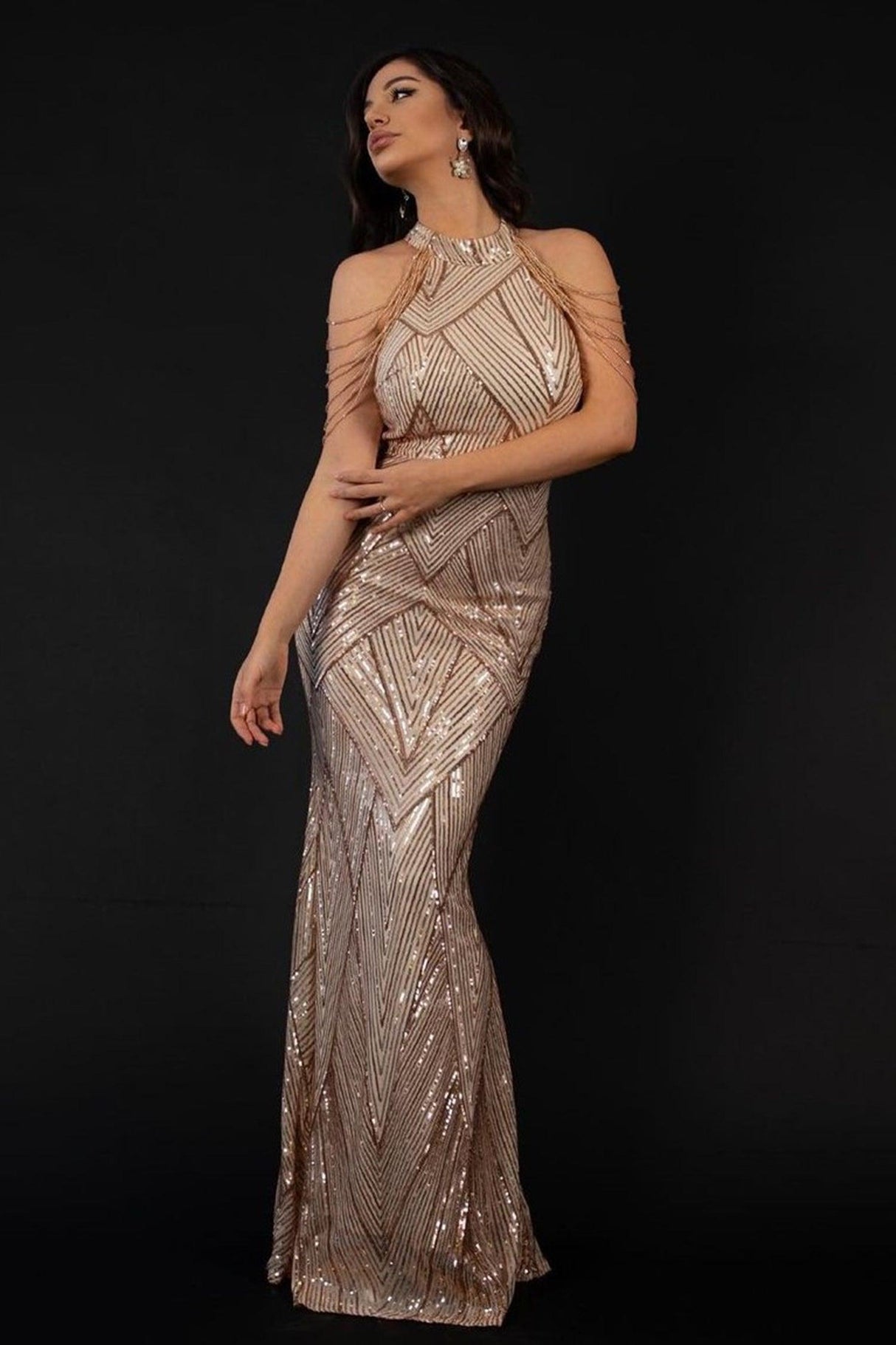 Eleonora Champagne Mermaid Halter Neck Sequin Geometric Pattern Dress