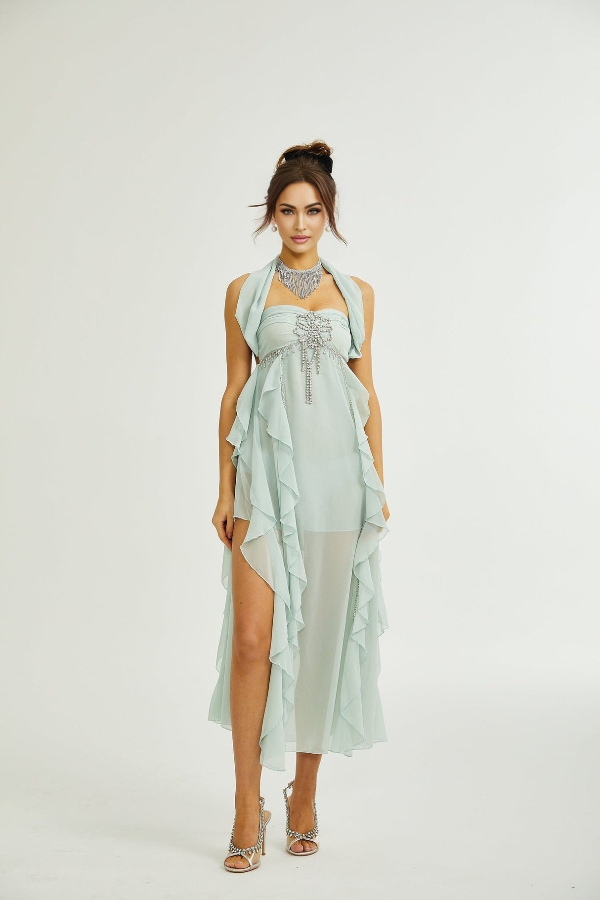 Eleonora Midi Dress - Halterneck Neckline - Sleeveless - Pleated Skirt - Ruffled Detailing