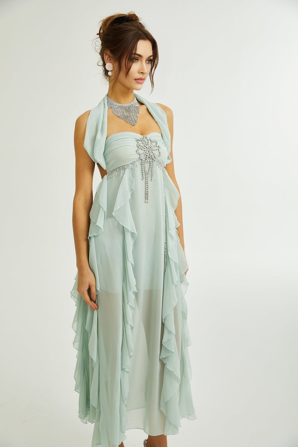 Eleonora Midi Dress - Halterneck Neckline - Sleeveless - Pleated Skirt - Ruffled Detailing