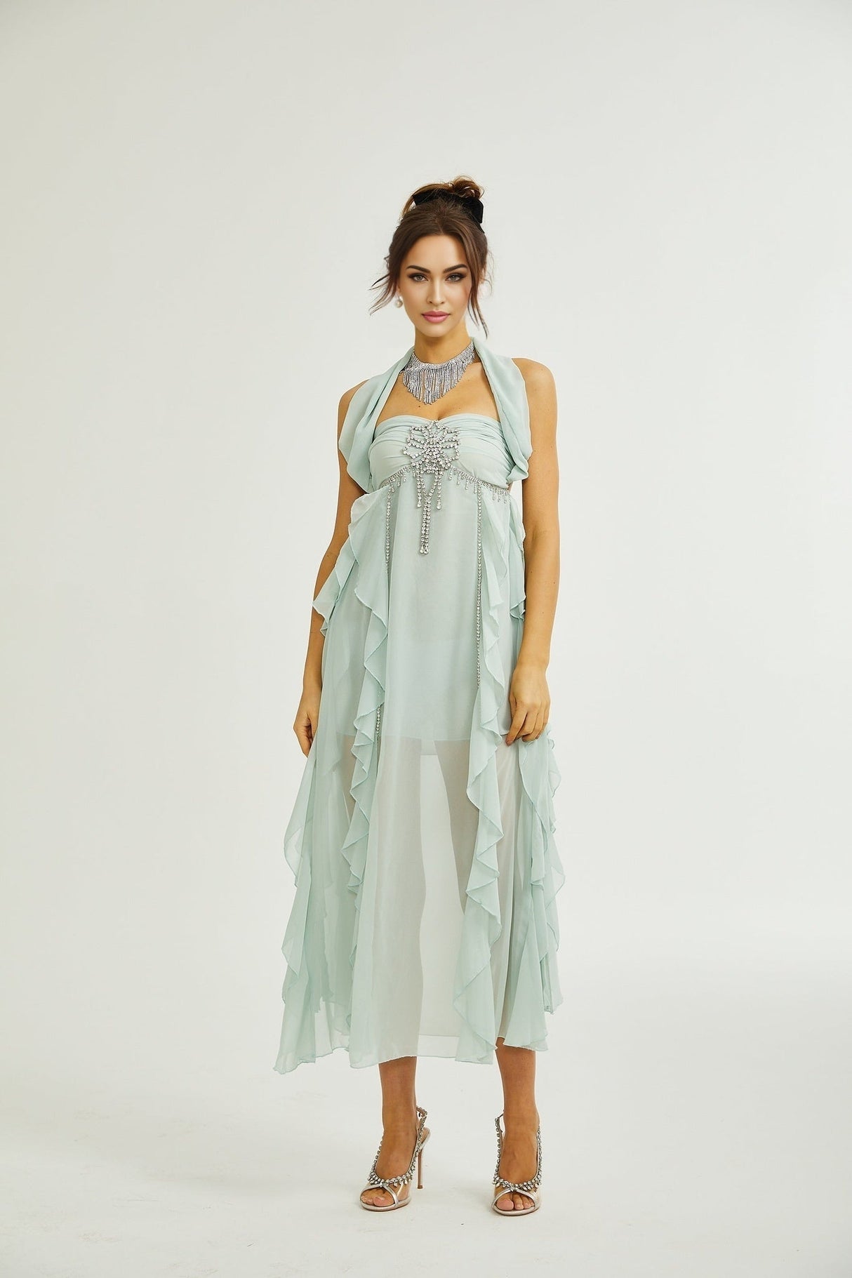 Eleonora Midi Dress - Halterneck Neckline - Sleeveless - Pleated Skirt - Ruffled Detailing