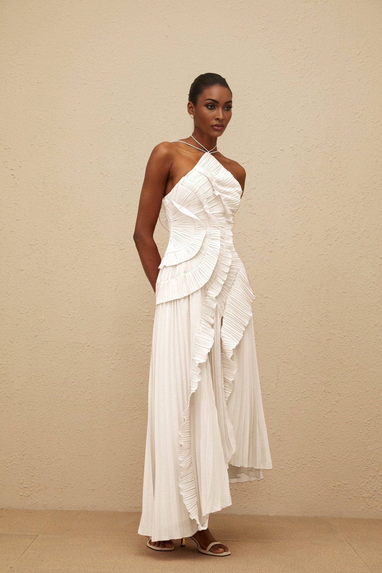Eleonora Midi Dress - Halterneck - Sleeveless - Fully - Pleated - Ruffled Trim - Asymmetrical Design