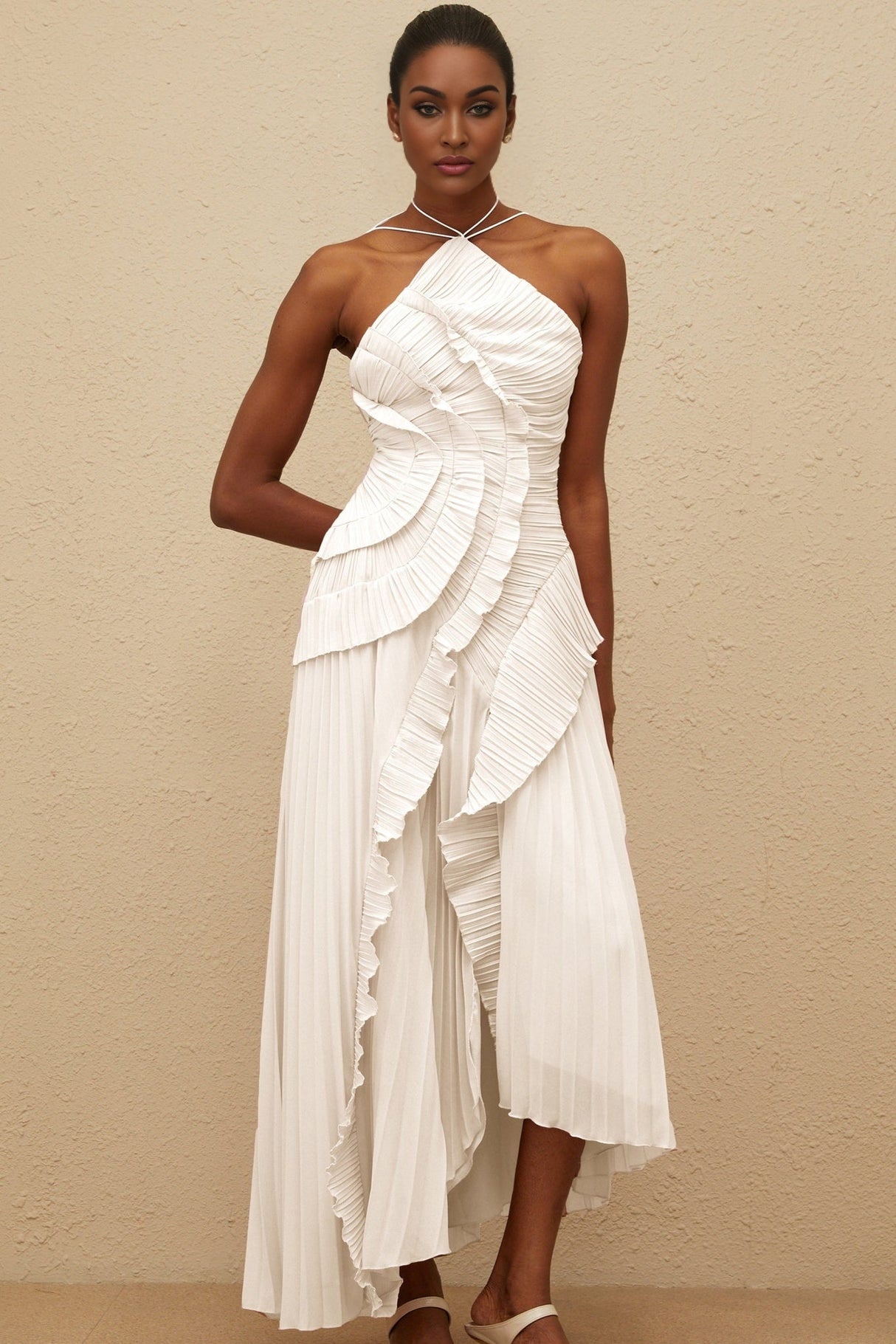 Eleonora Midi Dress - Halterneck - Sleeveless - Fully - Pleated - Ruffled Trim - Asymmetrical Design