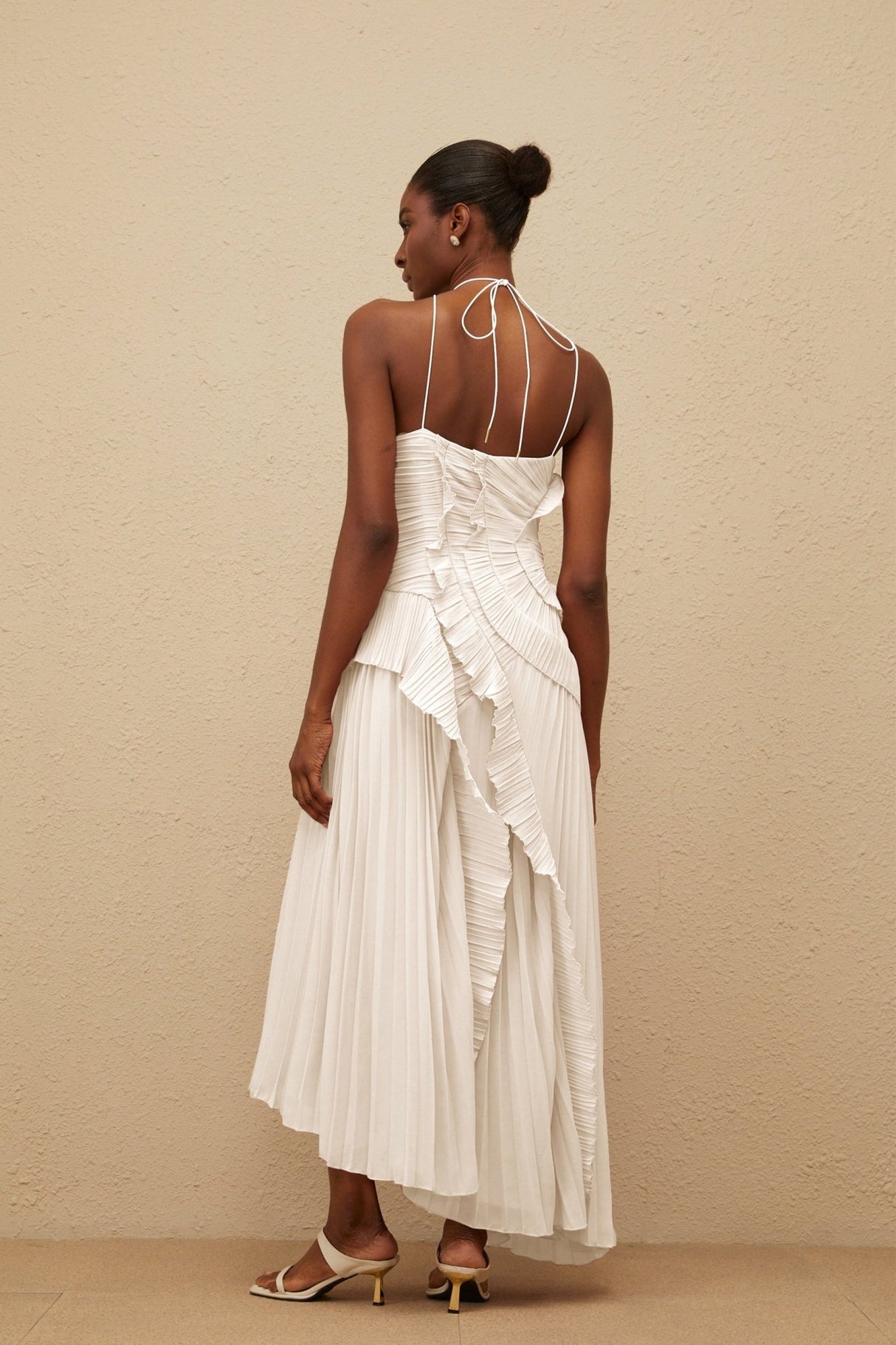 Eleonora Midi Dress - Halterneck - Sleeveless - Fully - Pleated - Ruffled Trim - Asymmetrical Design