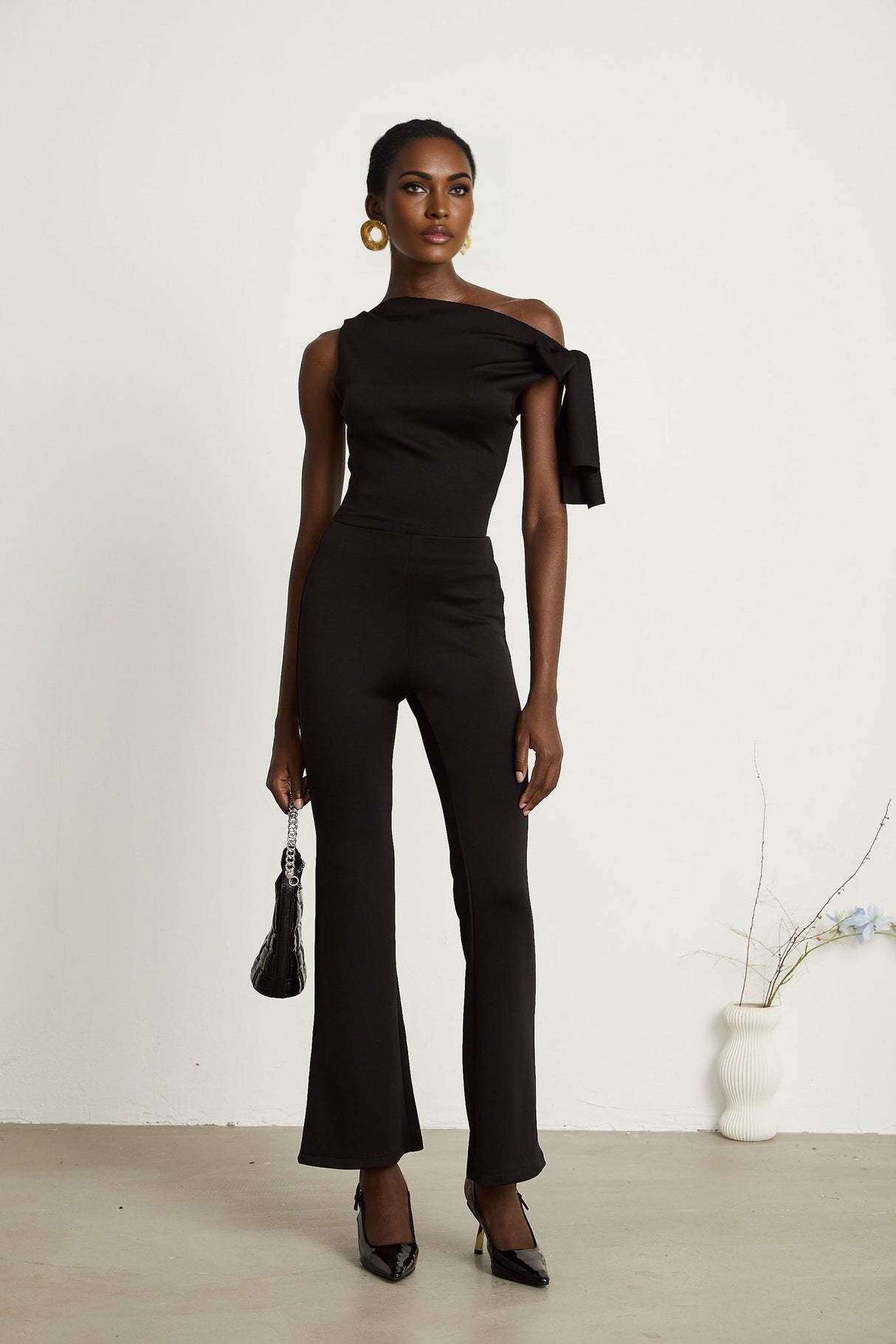 Eleonora Top & Trousers Set - Sleeveless One Shoulder - Knitted Construction - High - Waisted Flared Legs