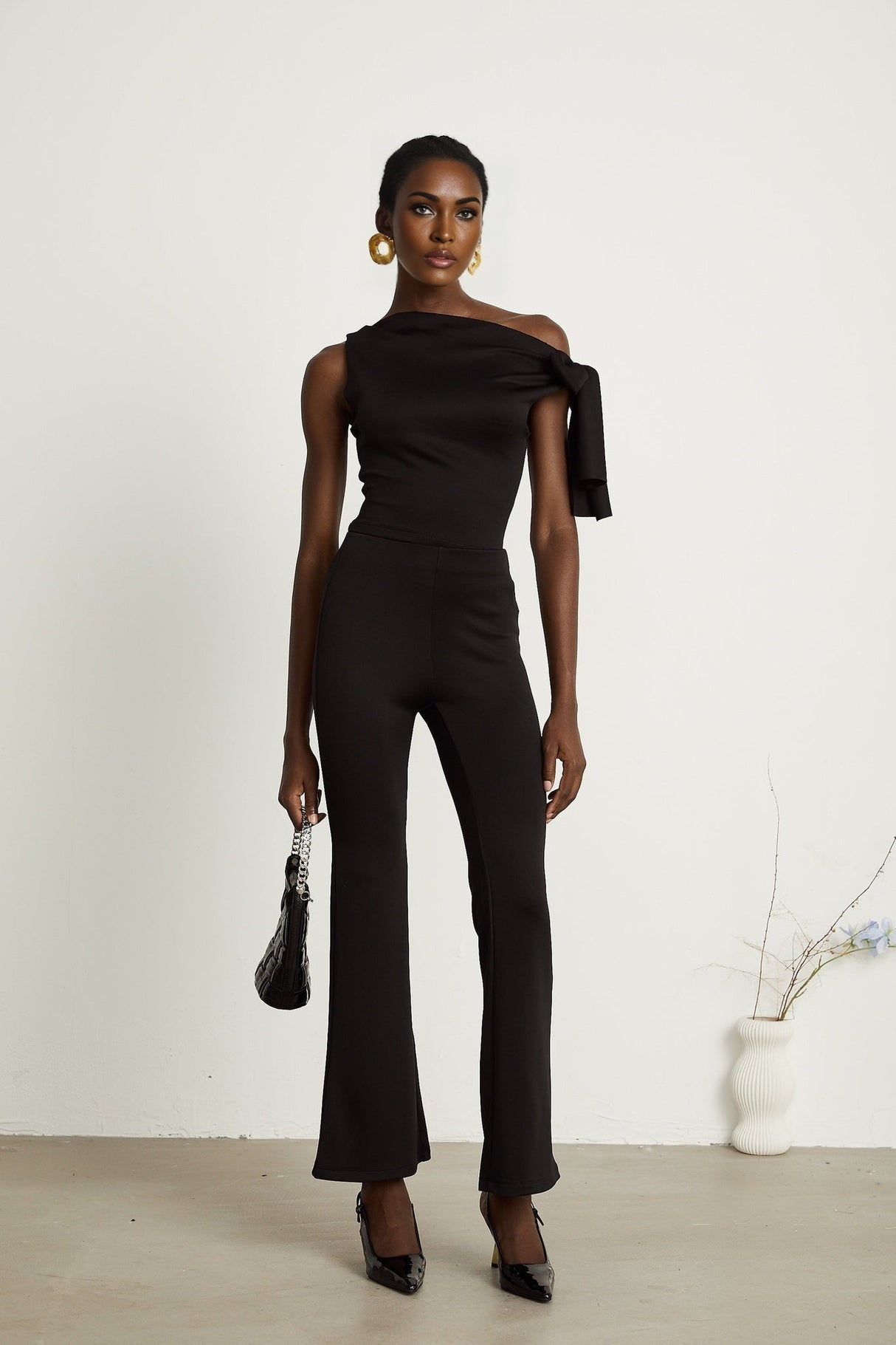 Eleonora Top & Trousers Set - Sleeveless One Shoulder - Knitted Construction - High - Waisted Flared Legs