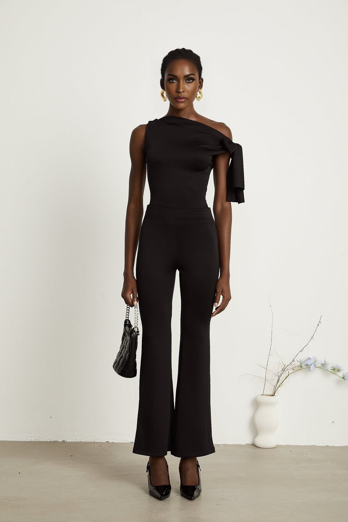 Eleonora Top & Trousers Set - Sleeveless One Shoulder - Knitted Construction - High - Waisted Flared Legs