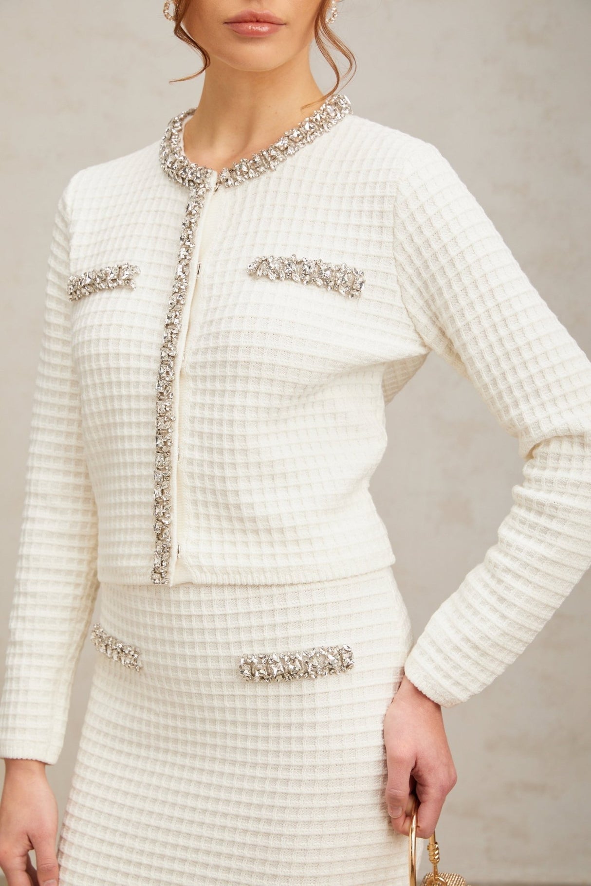 Elettra Cardigan & Skirt - Crystal Embellishments - Pinched Shoulder Detail - Waffle Knit Texture - Ruffled Hem