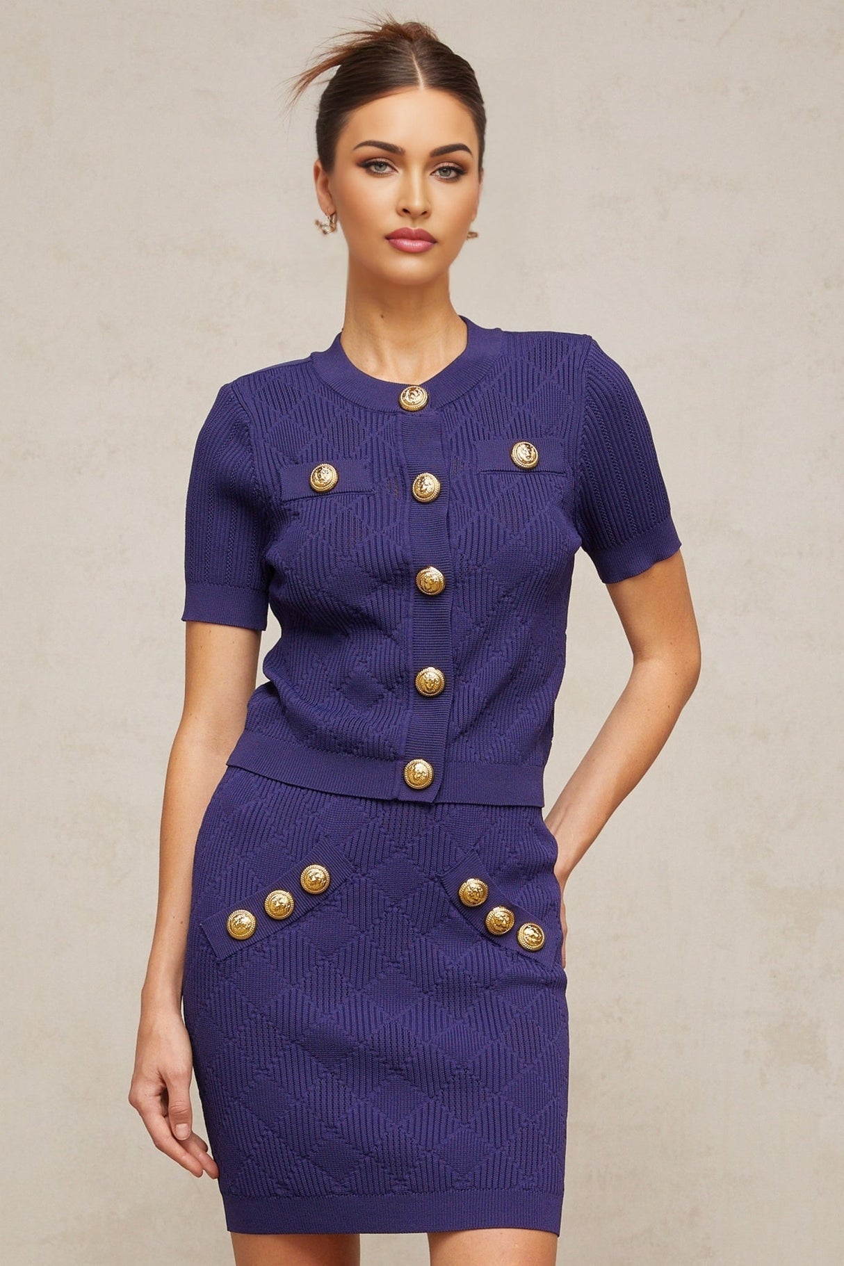 Elettra Skirt & Top Set - Plaid Check Knit Design - Jacquard Detailing - Slip - On Style