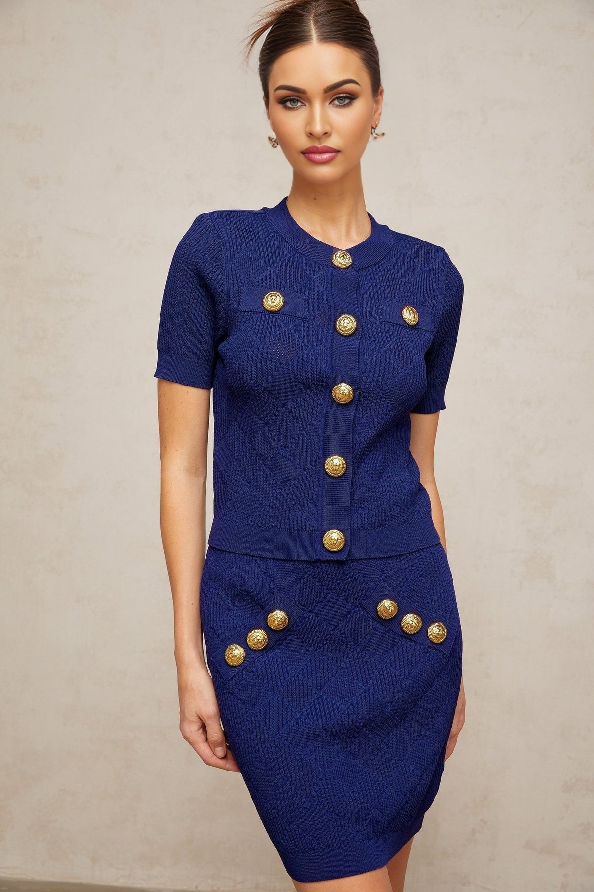 Elettra Skirt & Top Set - Plaid Check Knit Design - Jacquard Detailing - Slip - On Style