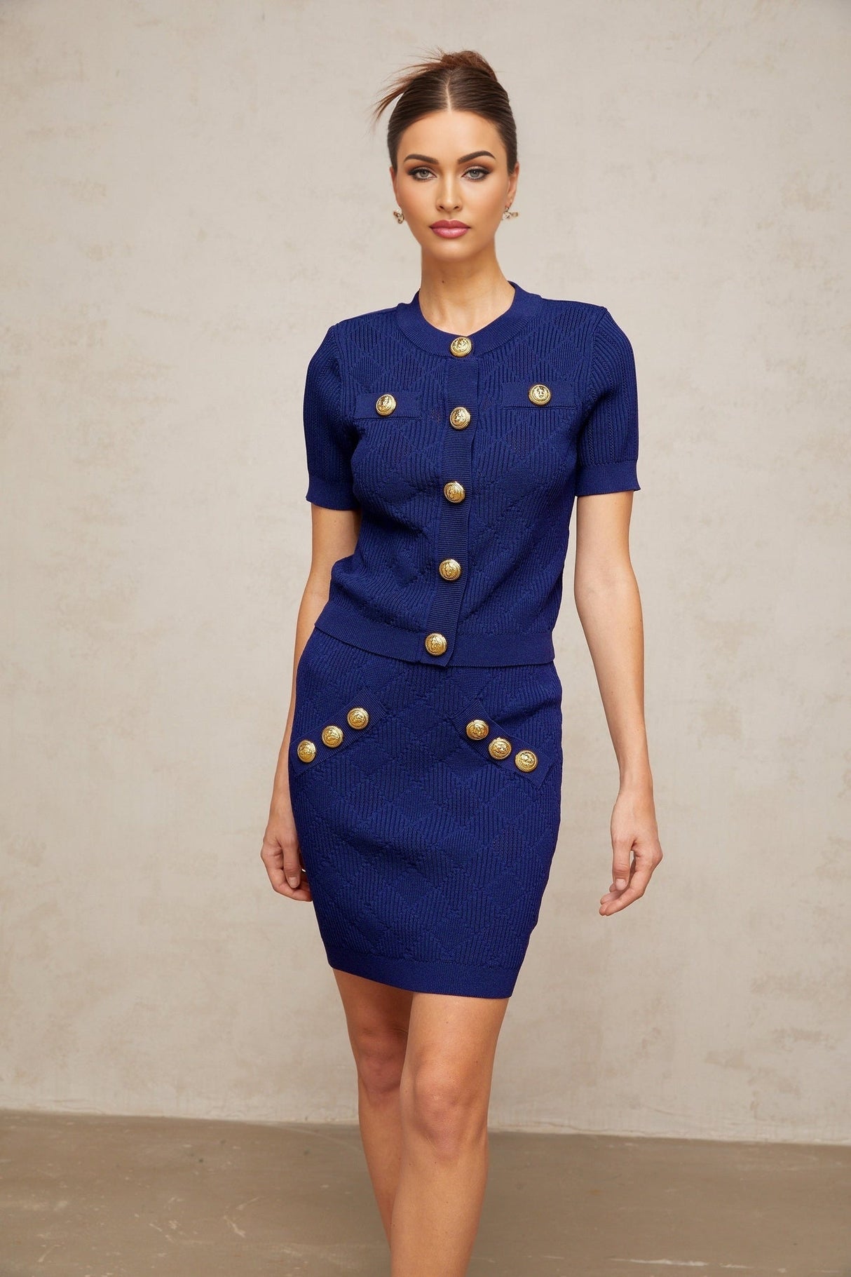 Elettra Skirt & Top Set - Plaid Check Knit Design - Jacquard Detailing - Slip - On Style