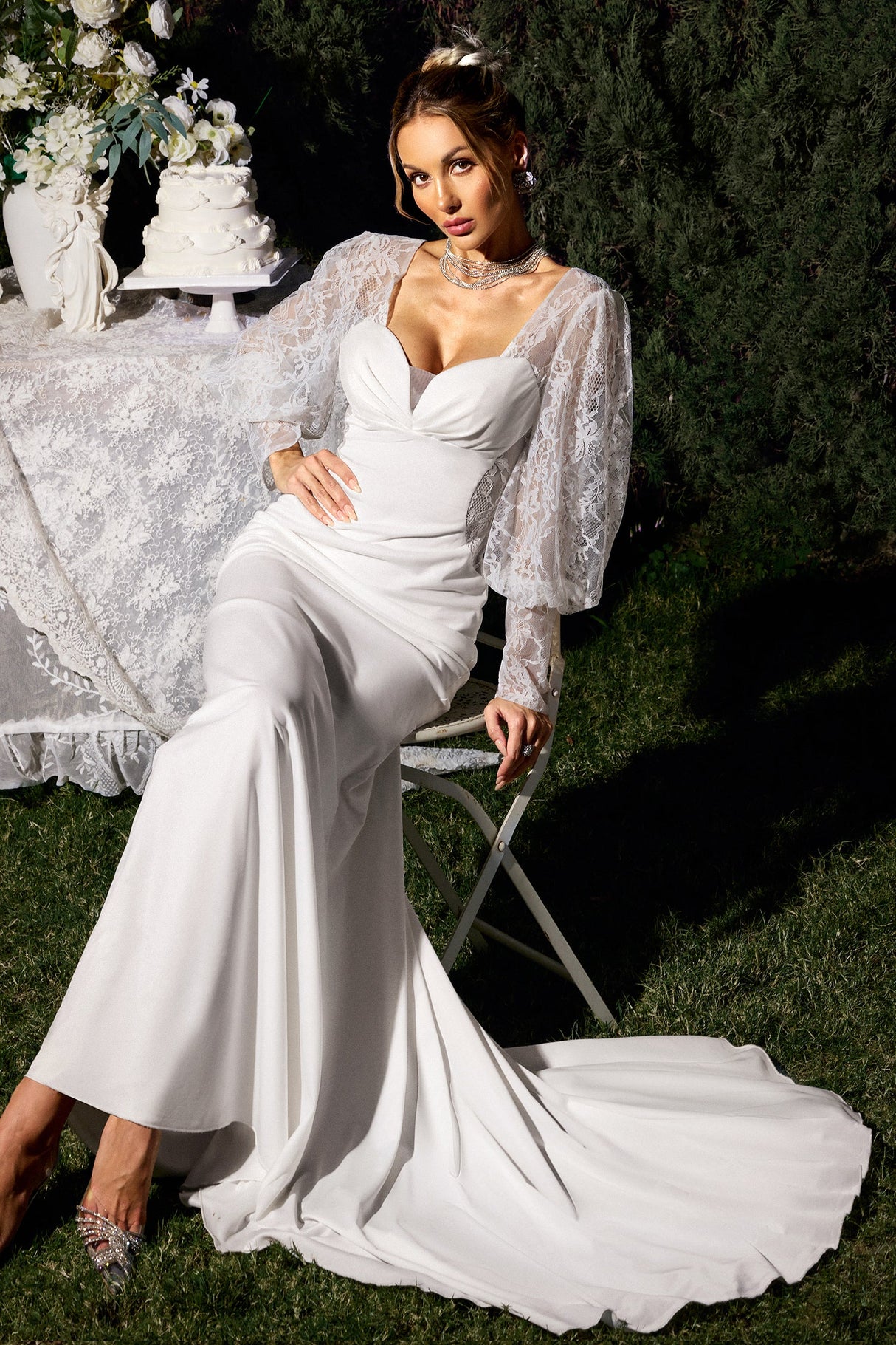 Elettra White Lace Sleeves Maxi Dress Sweetheart Neckline