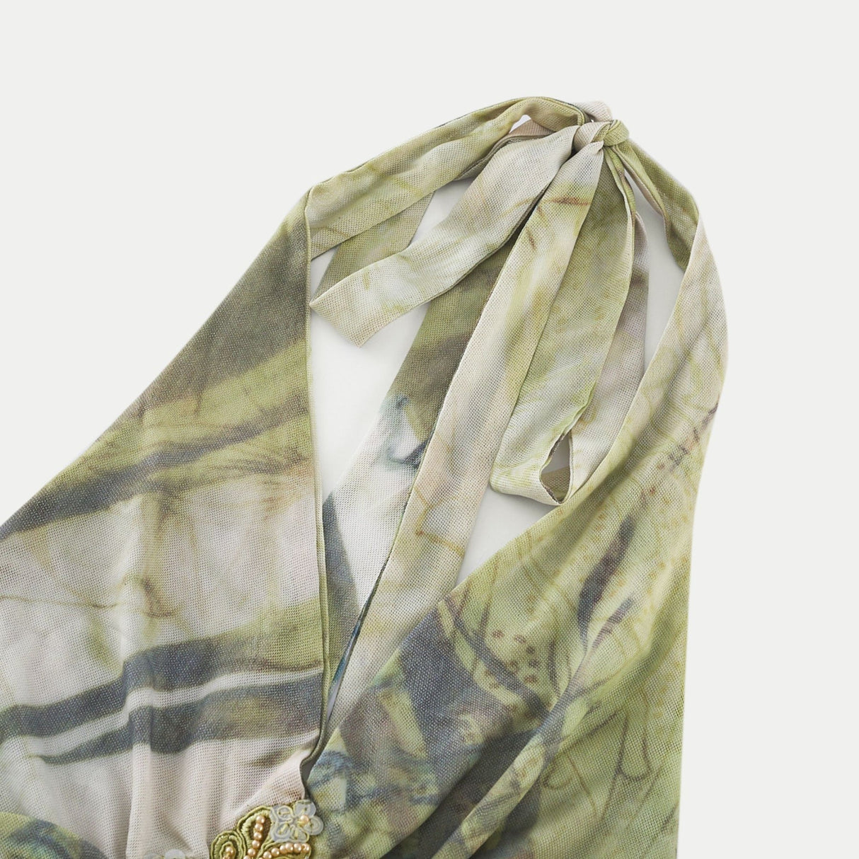 Éliane Midi Dress - Halterneck Tie Closure - Open Back - Ombre Print - Ruffle Trim - High Slit Embellished