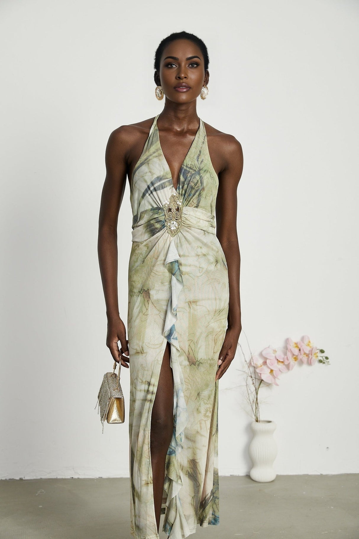 Éliane Midi Dress - Halterneck Tie Closure - Open Back - Ombre Print - Ruffle Trim - High Slit Embellished