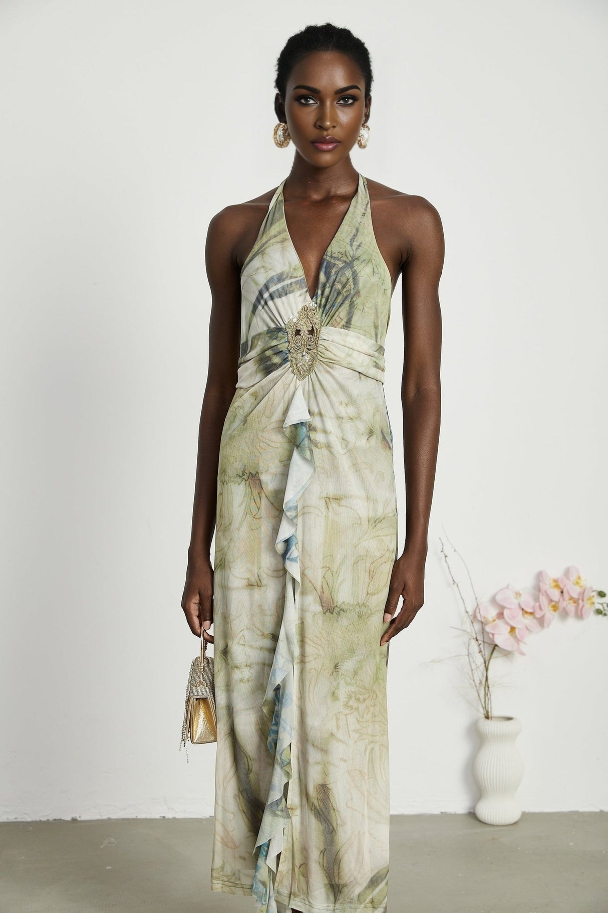 Éliane Midi Dress - Halterneck Tie Closure - Open Back - Ombre Print - Ruffle Trim - High Slit Embellished