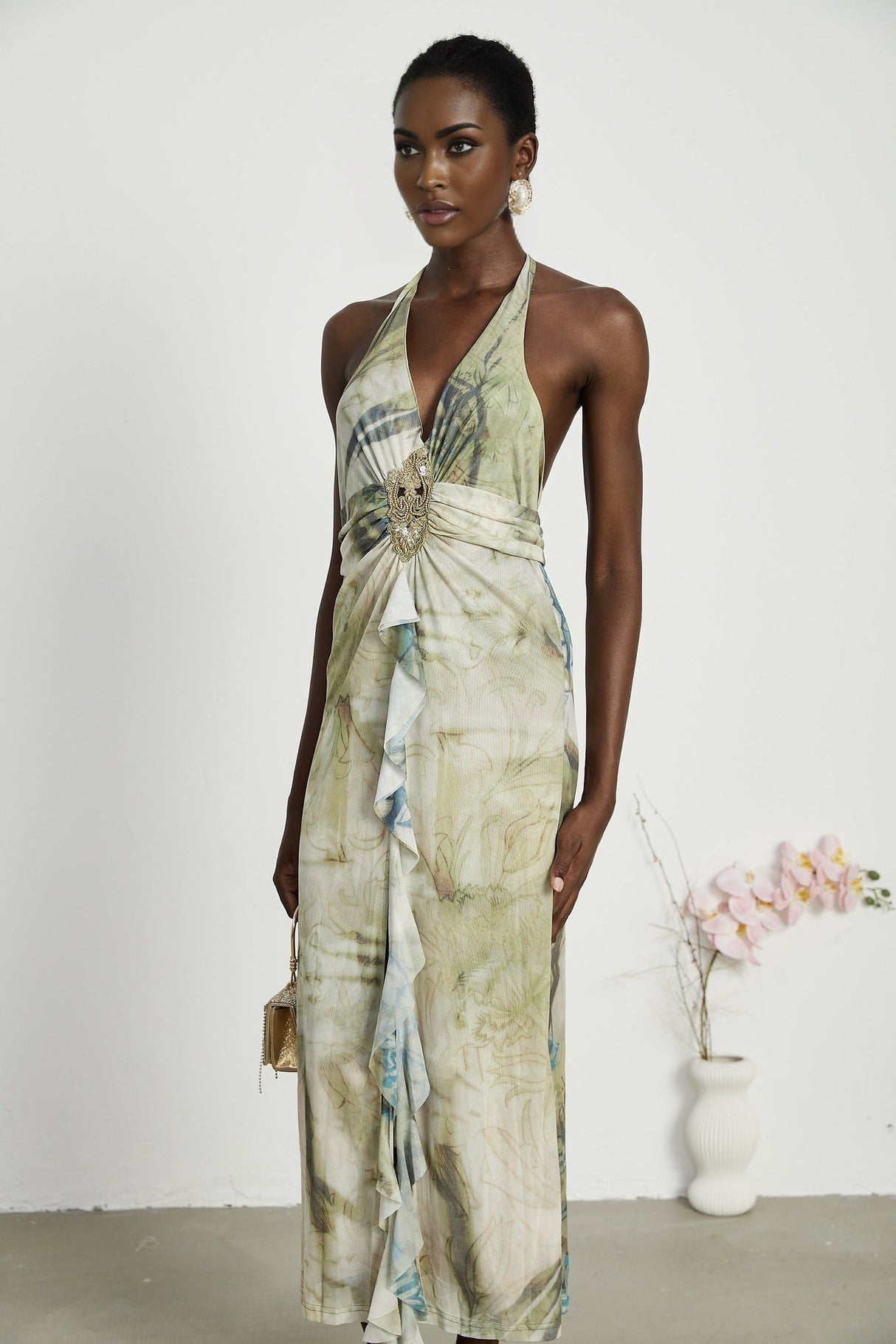 Éliane Midi Dress - Halterneck Tie Closure - Open Back - Ombre Print - Ruffle Trim - High Slit Embellished