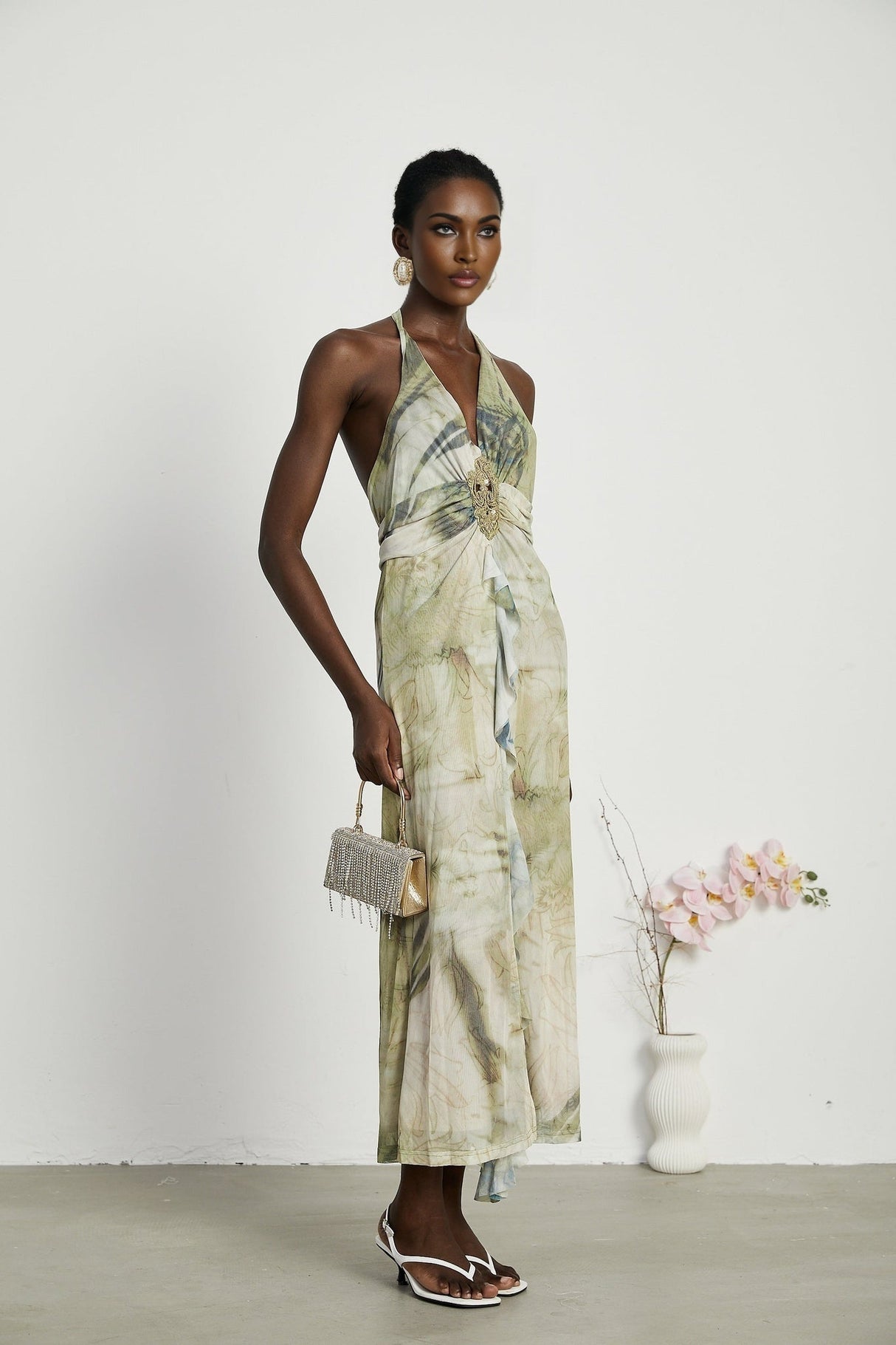 Éliane Midi Dress - Halterneck Tie Closure - Open Back - Ombre Print - Ruffle Trim - High Slit Embellished