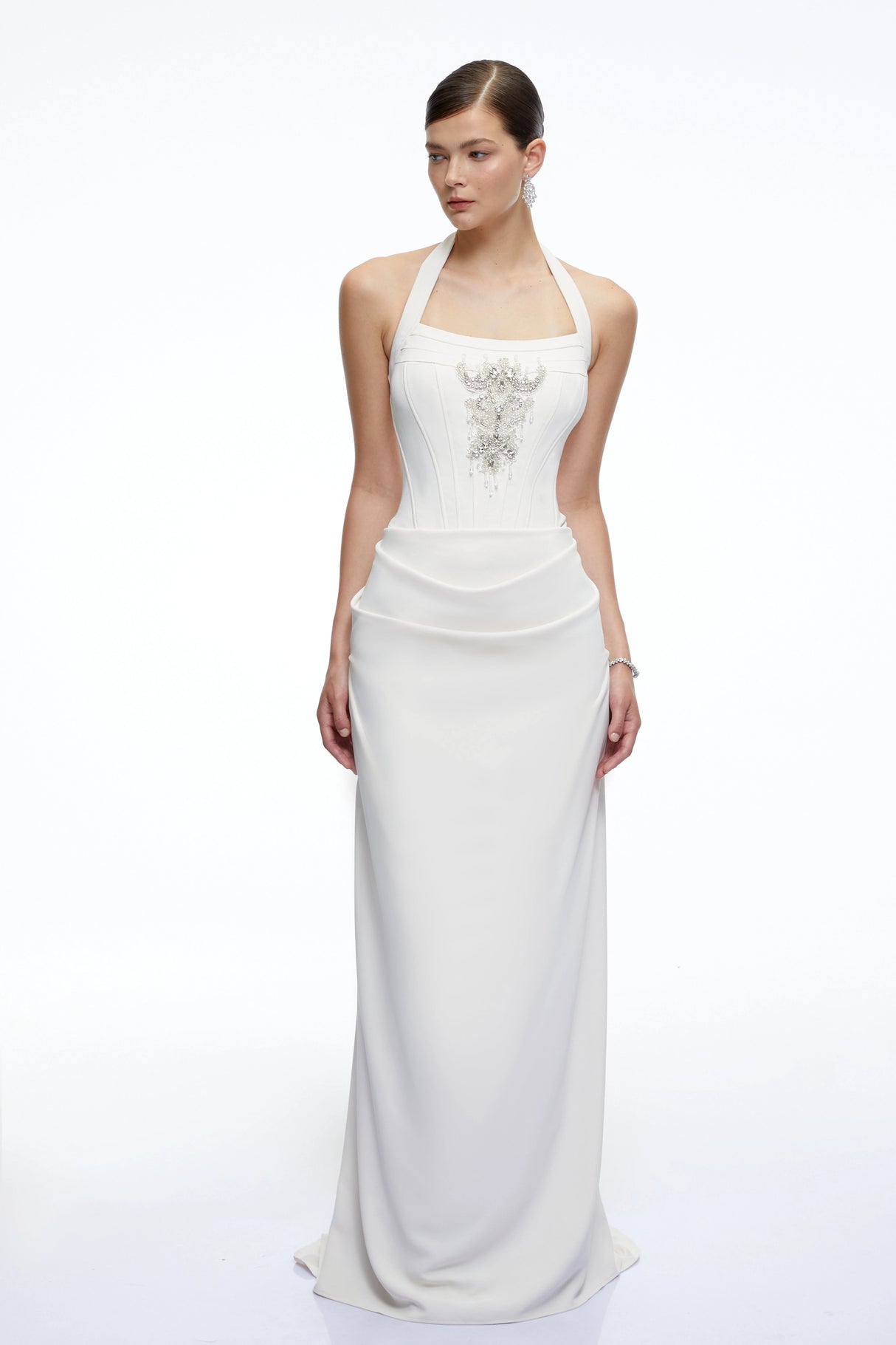 Eliane White Halterneck Embellished Maxi Dress