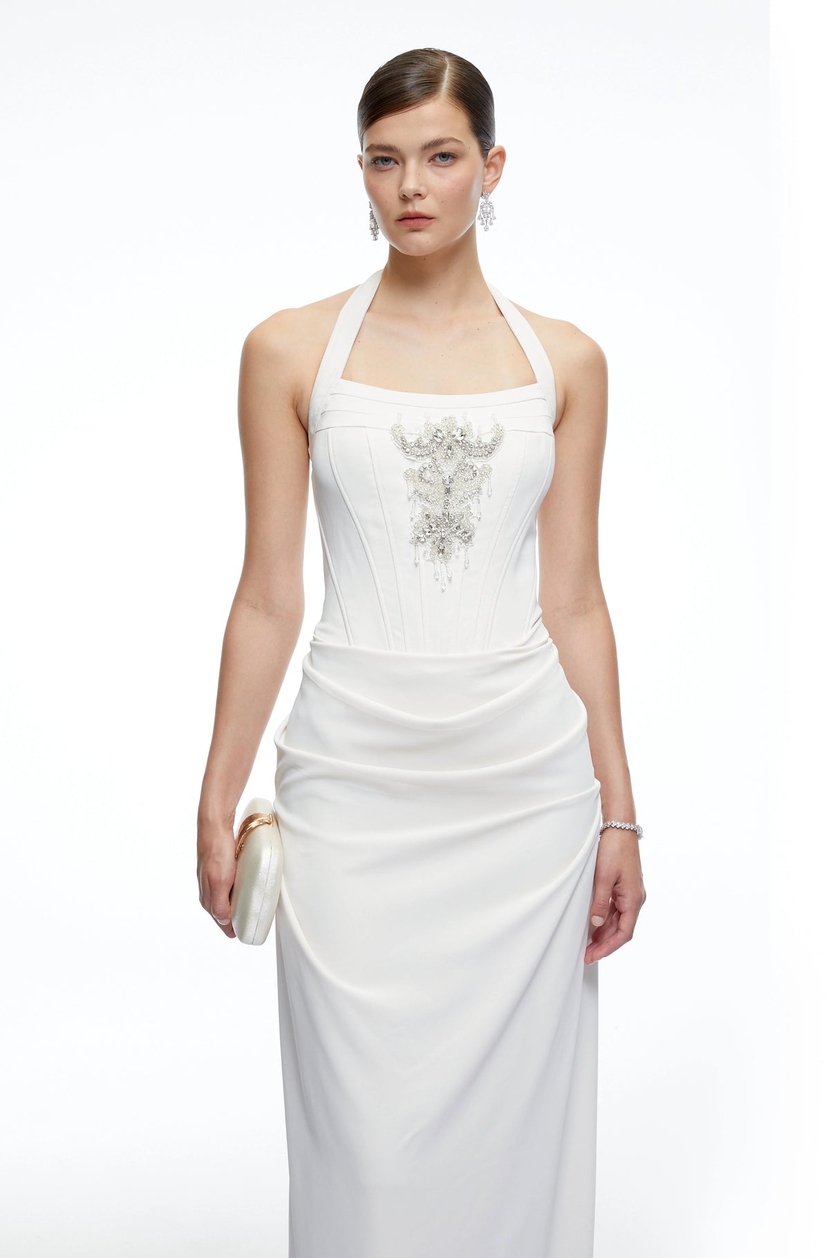 Eliane White Halterneck Embellished Maxi Dress
