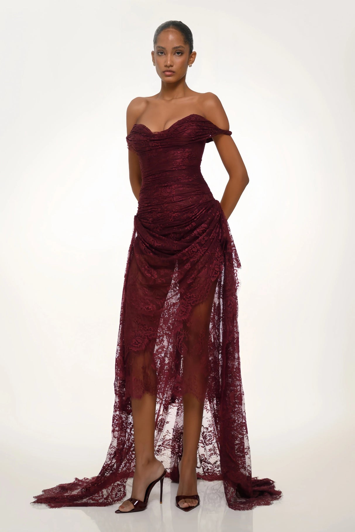 Eline Burgundy Ruched Floral Lace Gown