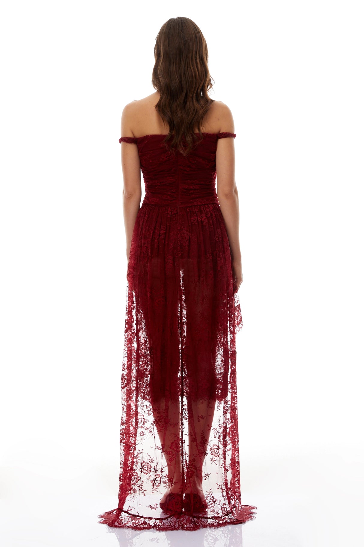 Eline Burgundy Ruched Floral Lace Gown