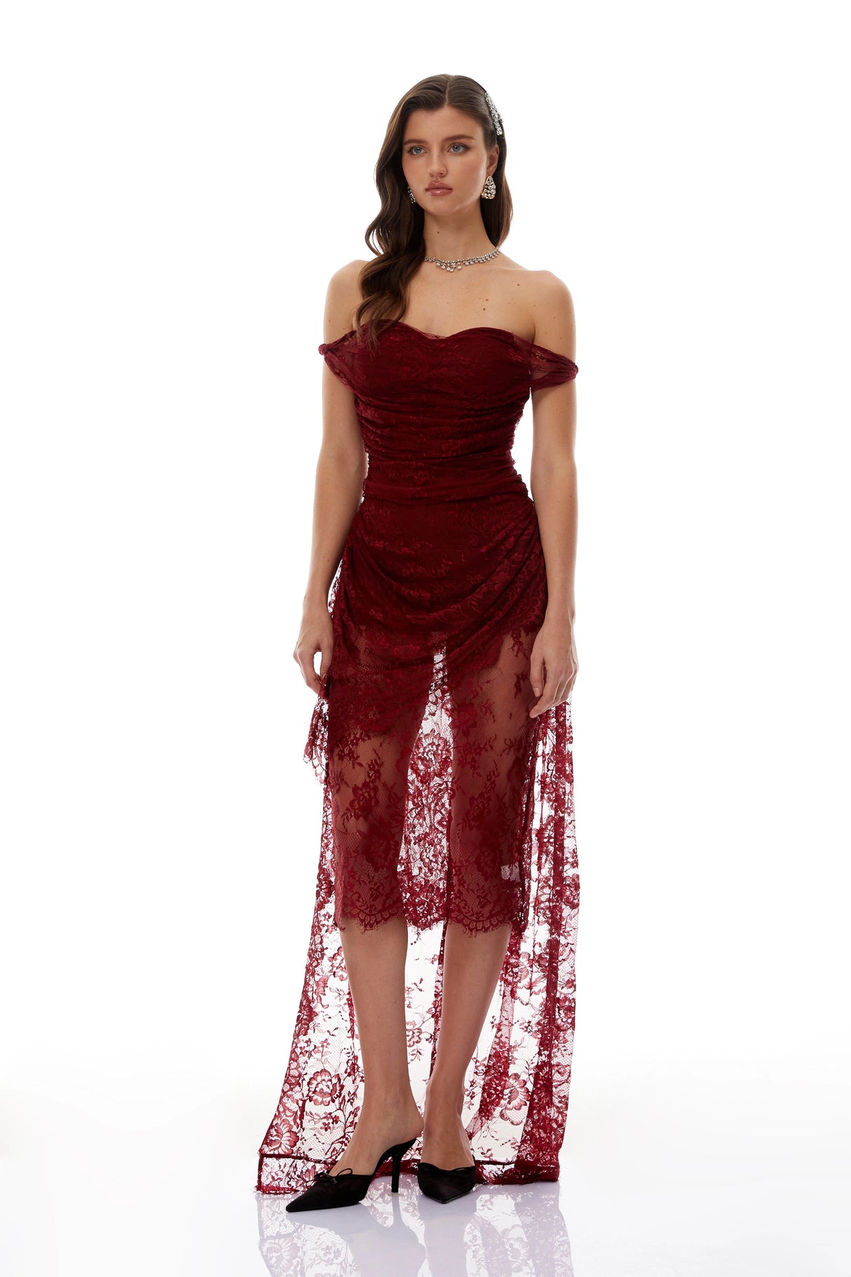 Eline Burgundy Ruched Floral Lace Gown