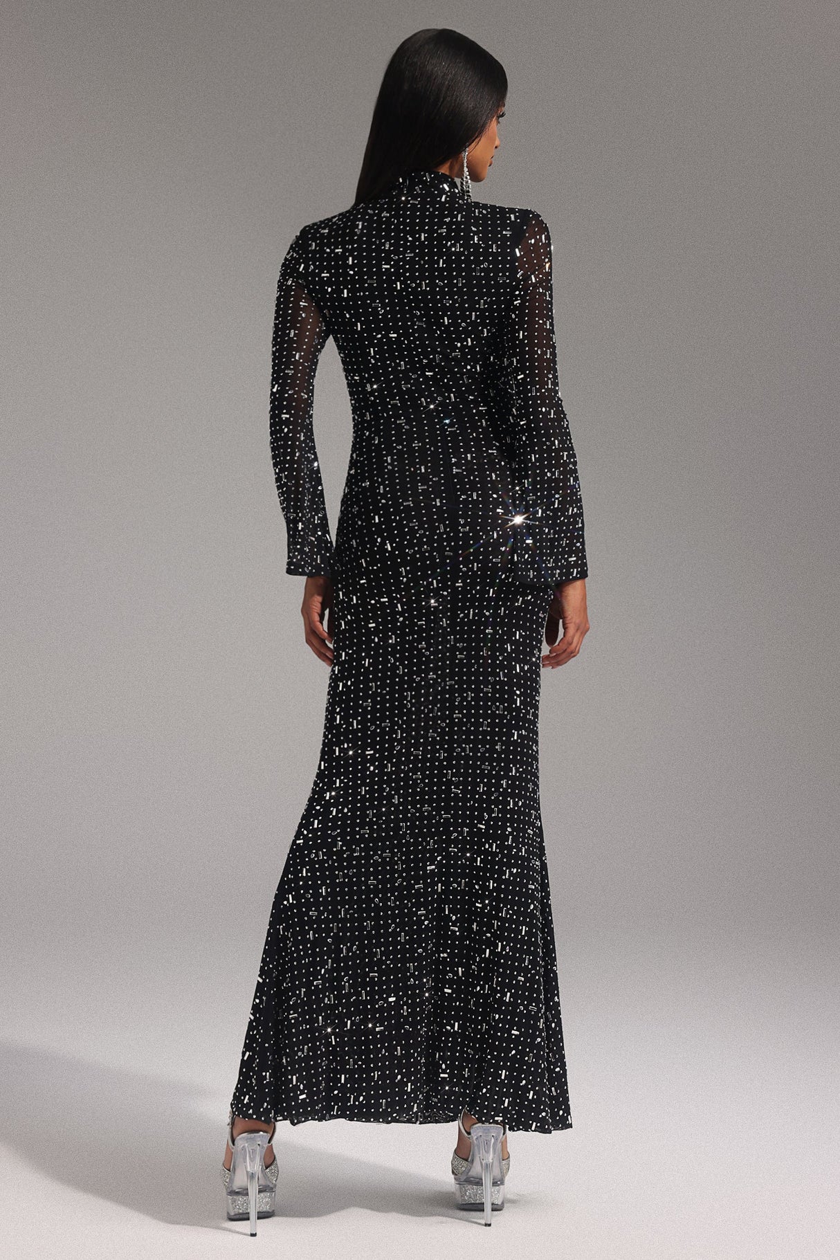 Elisa Black Maxi Dress with Shimmering Embellishments and Long Sleeves