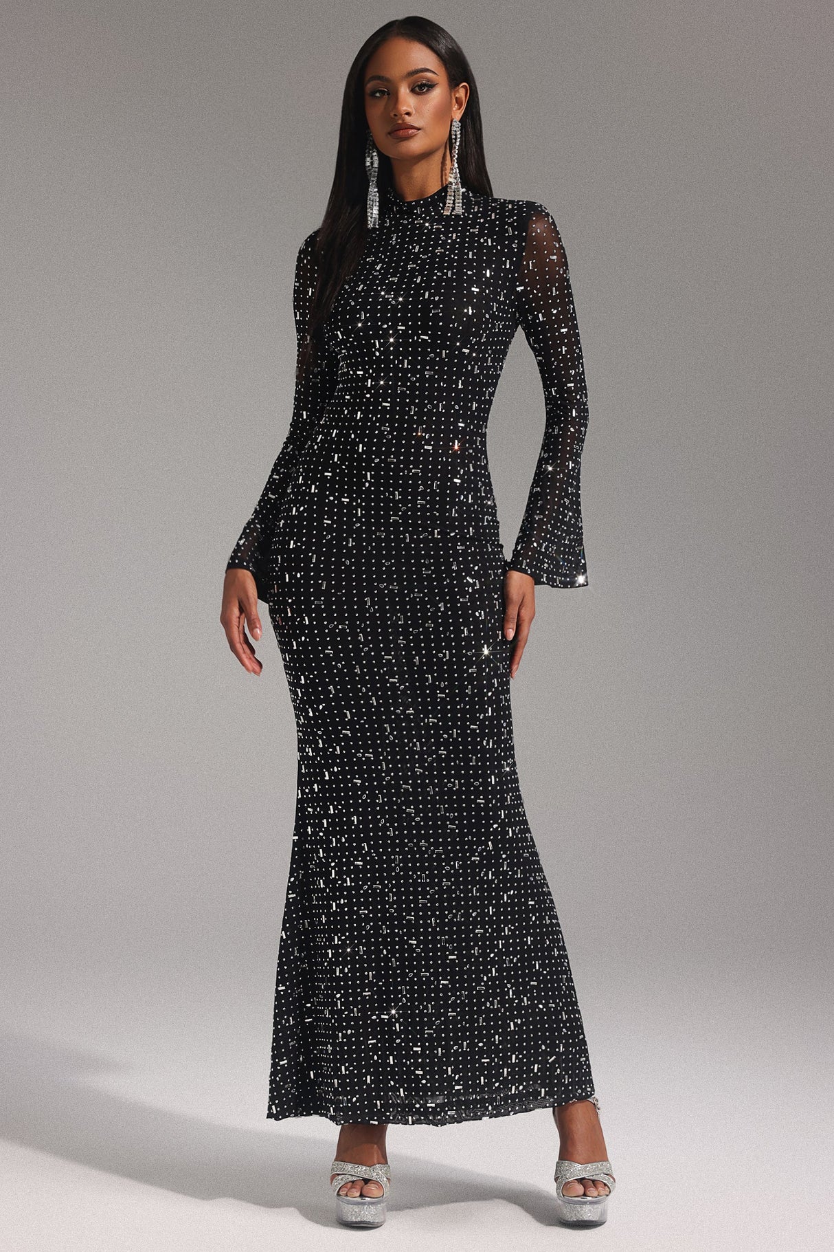 Elisa Black Maxi Dress with Shimmering Embellishments for Evening Events or Formal Gatherings