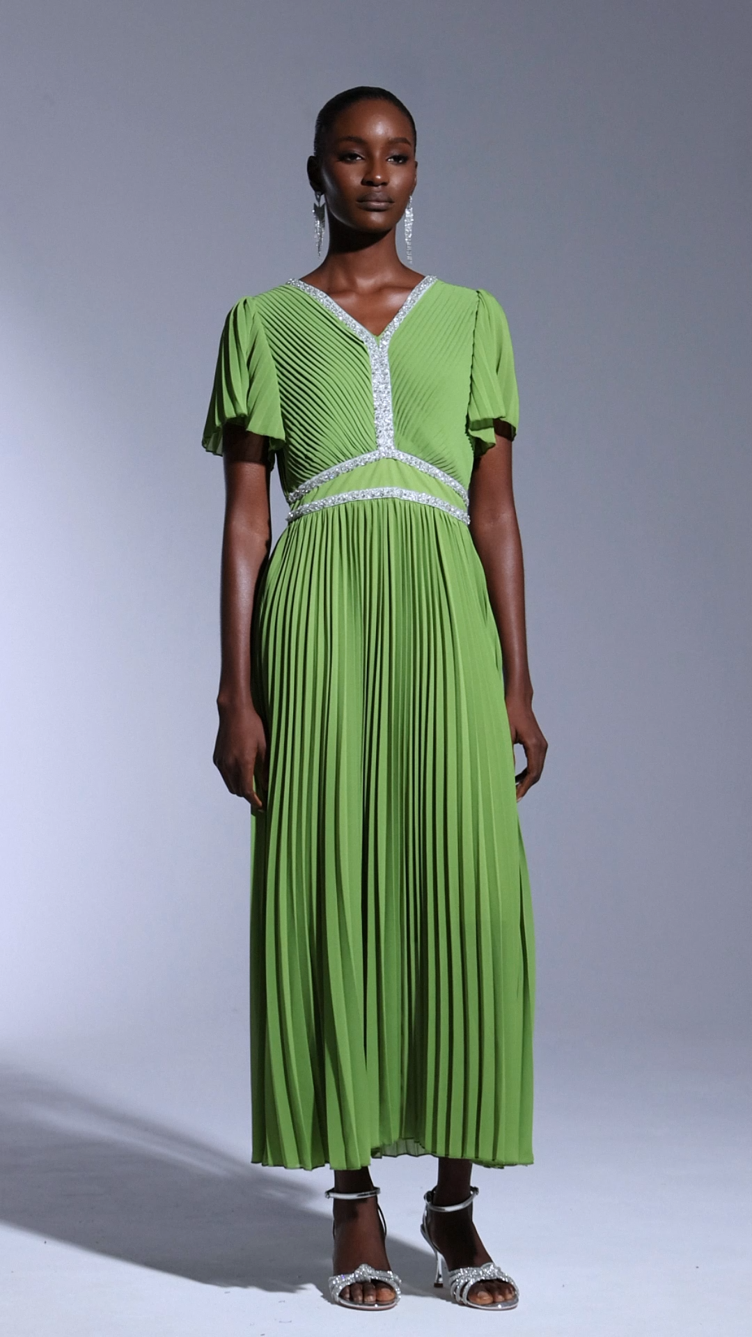Elisa Green Pleated Maxi Dress V-Neckline Short Sleeves Waist Detailing Formal Summer Wedding Dinner